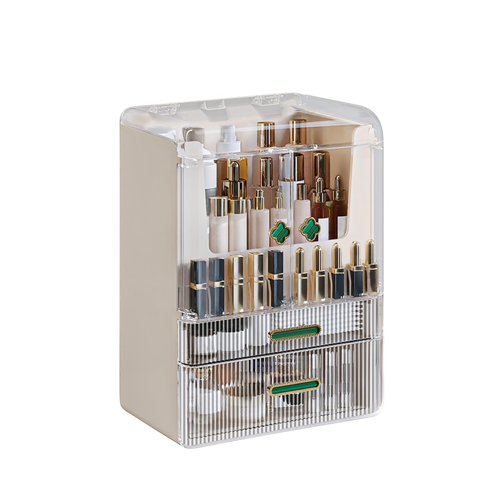 DASITON Makeup Organizer for Vanity,Large Capacity Skincare Organizers,Dustproof Makeup Storage Box,Cosmetic Display Cases with 2 Drawers and Lids,Cosmetic Organizer for Bathroom Countertop(Cream)