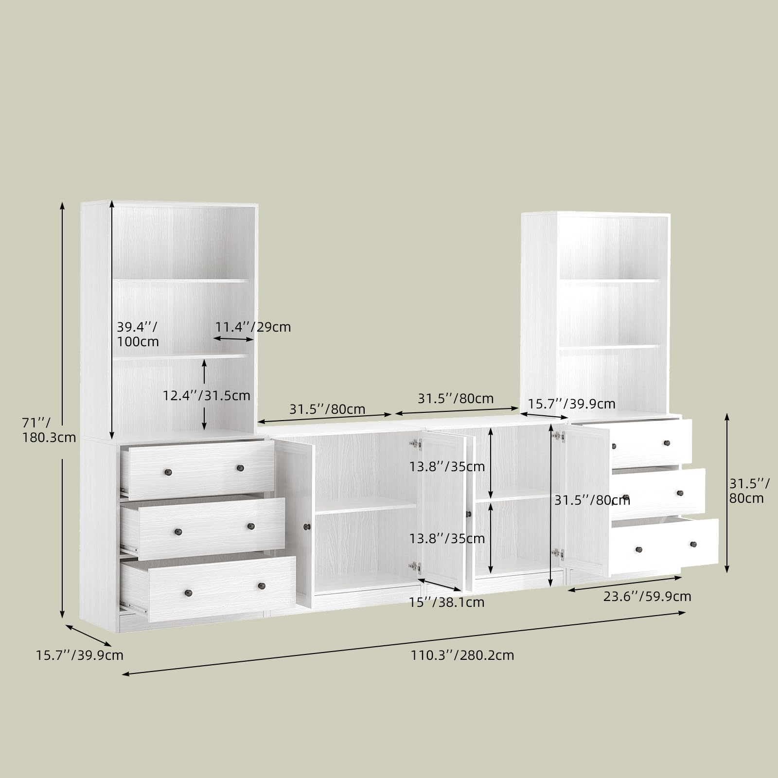 VOWNER Grande Mueble de TV para Televisores de hasta 70 Pulgadas, 280 x 180,3 x 40 cm, Mesa de TV, Módulo TV, Mueble de Salón Moderno con Cajones y Puertas de Cristal, 2A+2E (Blanco)