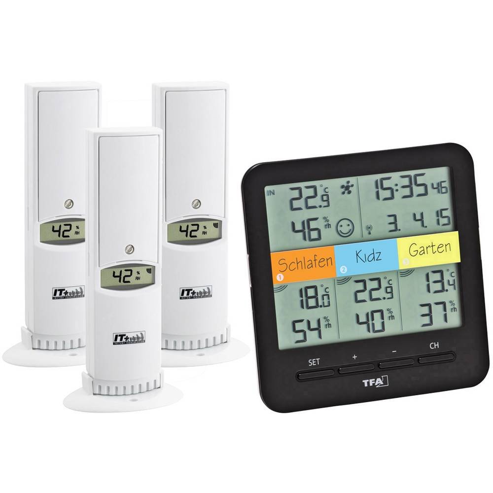 TFA Dostmann Klima Home Hygro-Station 30.3060.01 Funk-Thermo-Hygrometer mit 3 Sendern, Kunststoff, Schwarz, (L) 128 x (B) 32 (58) x (H) 128 mm
