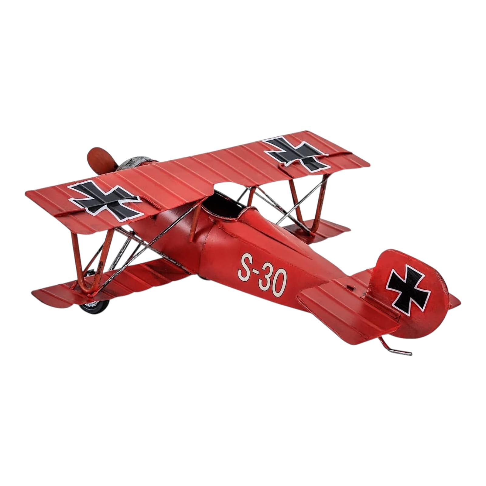 Red Baron Flugzeug Modell - Vintage Blech-Doppeldecker, handbemalt, dekorative Flugzeugskulptur 25 cm | Retro Luftfahrt Sammlerstück