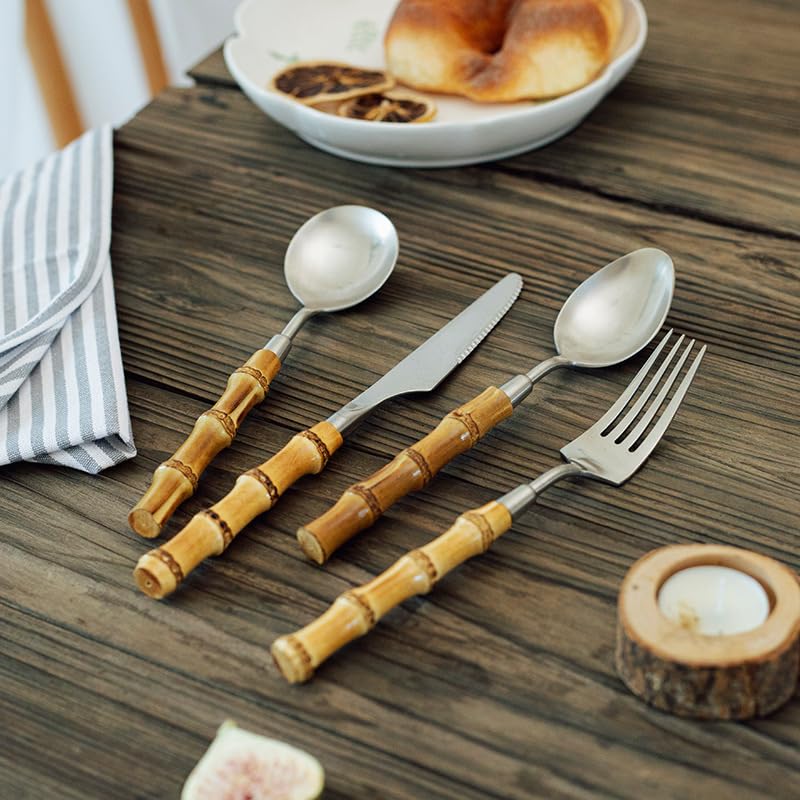 Set di Posate in Argento, 4/16/24/32/40/48 Pezzi, in Acciaio Inox 304, con Manico in bambù, Coltello e forchetta, Cucchiaio e Coltello da Bistecca. Argento - 40 Pezzi per 10 (Argento 32 Pezzi per 8)