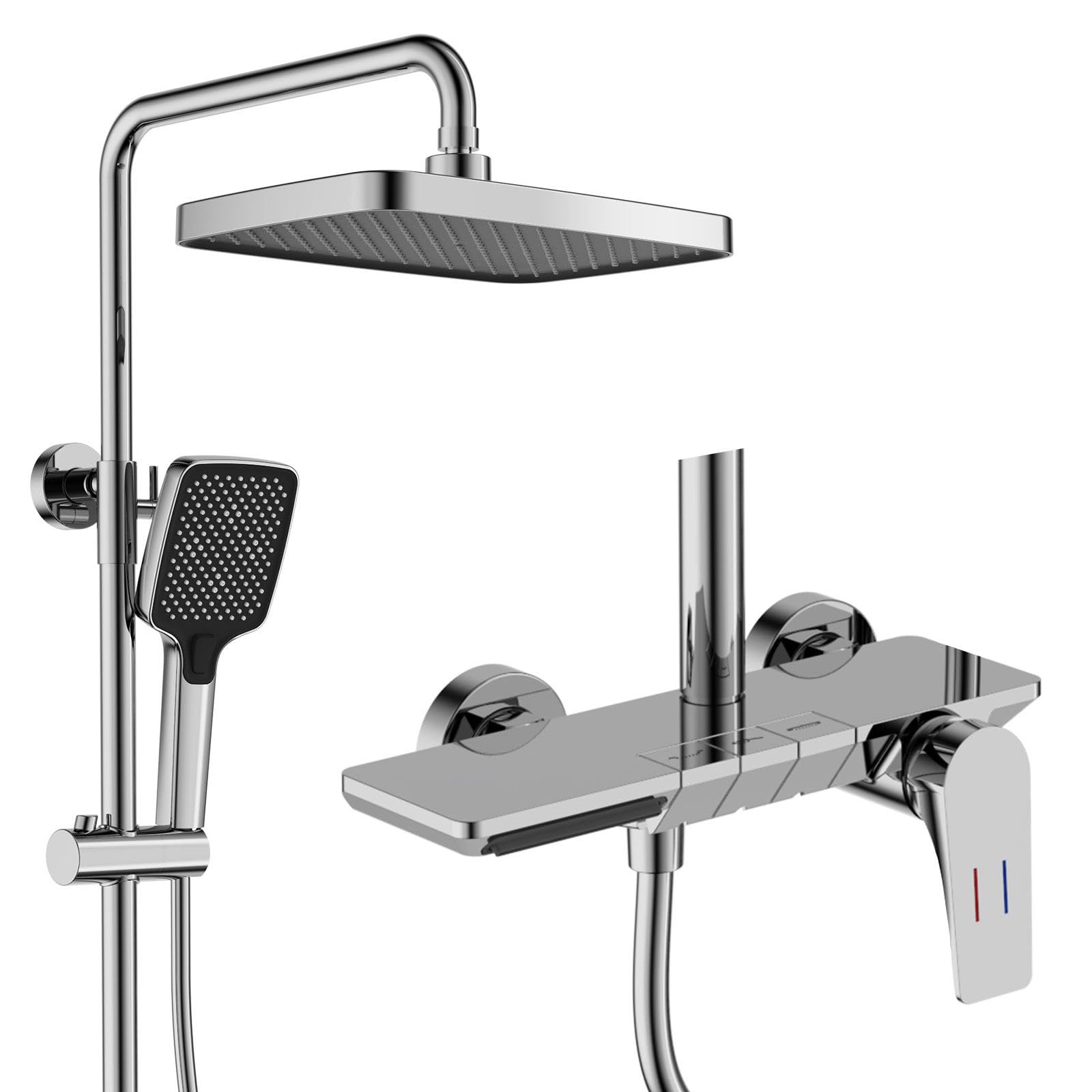 System prysznicowy, HSS0501 nowoczesny zestaw prysznicowy z klawiszami fortepianowymi, 30 x 20 cm, deszczownica z armaturą, słuchawka prysznicowa 3 tryby, bateria wannowa, stół do