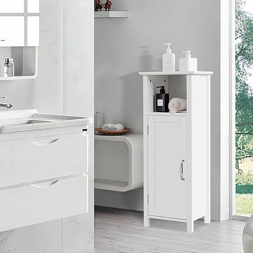 Miniatura 2 de COSTWAY Armario de almacenamiento de baño, organizador de almacenamiento estrecho independiente con estante abierto y estante ajustable, pequeño