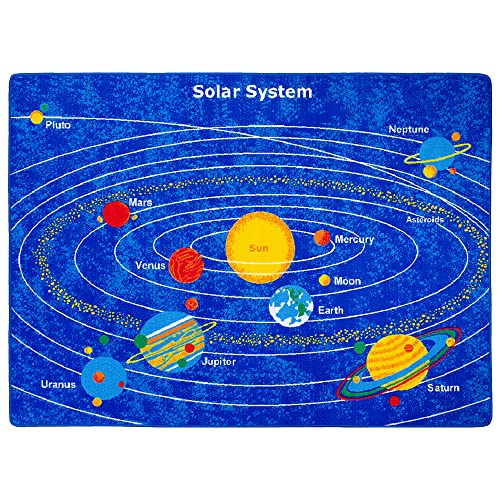 Allstar 7x10 Blue Kids' Educational Rectangular Accent Rug with Multicolored Solar System Design (7' 2