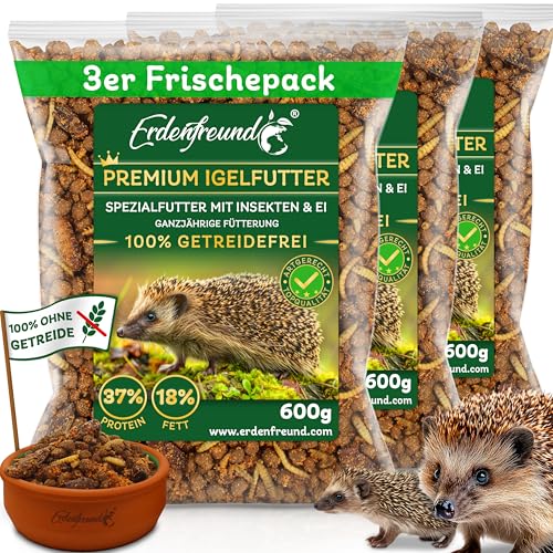 ERDENFREUND Premium Igelfutter 100% getreidefrei 3x600g Ganzjahres-Alleinfutter für Igel mit Insekten vollwertig verdaulich nährstoffreich (3x600g Frischepacks = 1800g Premium Igelfutter)