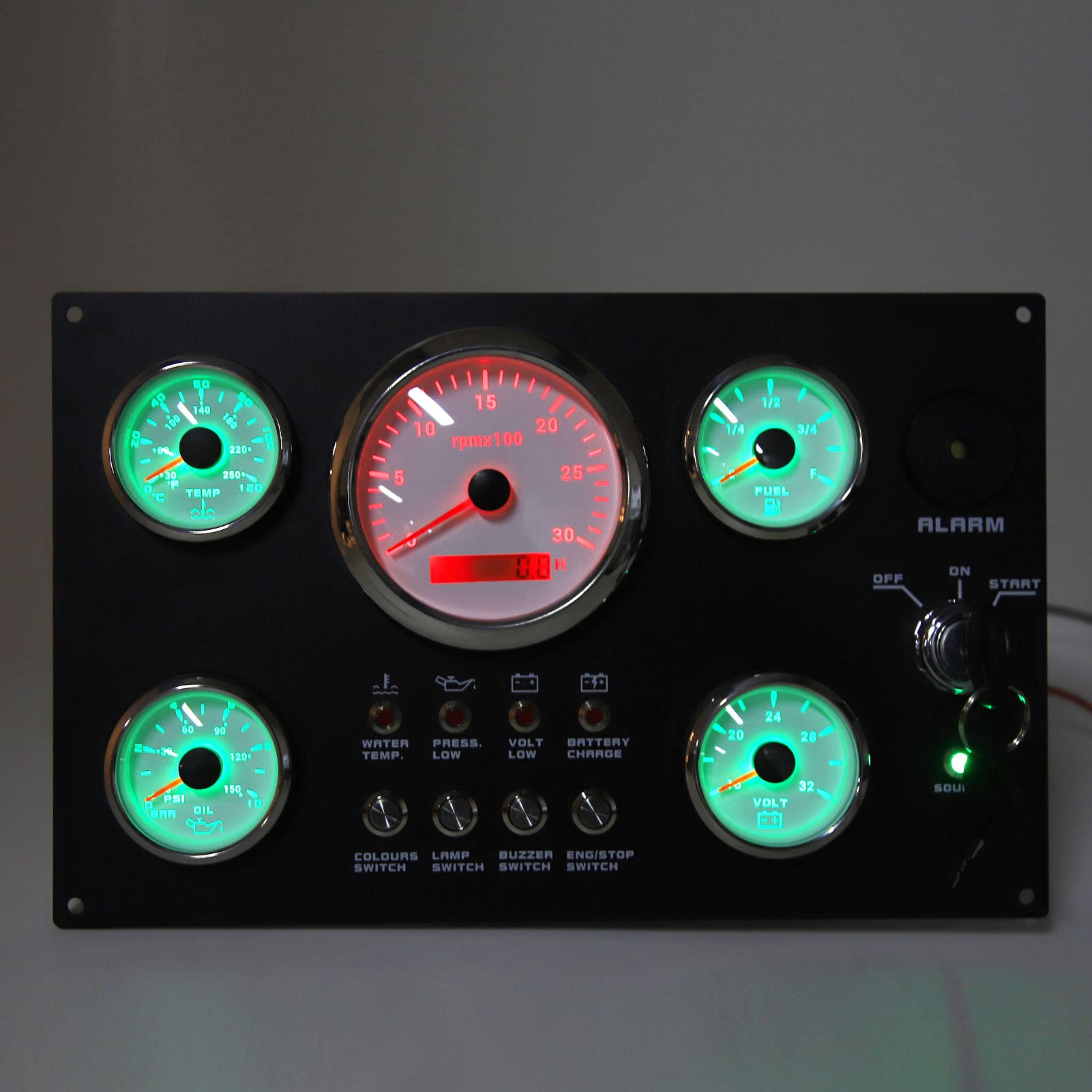 Panel de calibre marino Torvex, grupo de instrumentos de calibre 5, 24 V, 3000 RPM, con retroiluminación de 7 colores, voltaje de presión de aceite para barco y yate