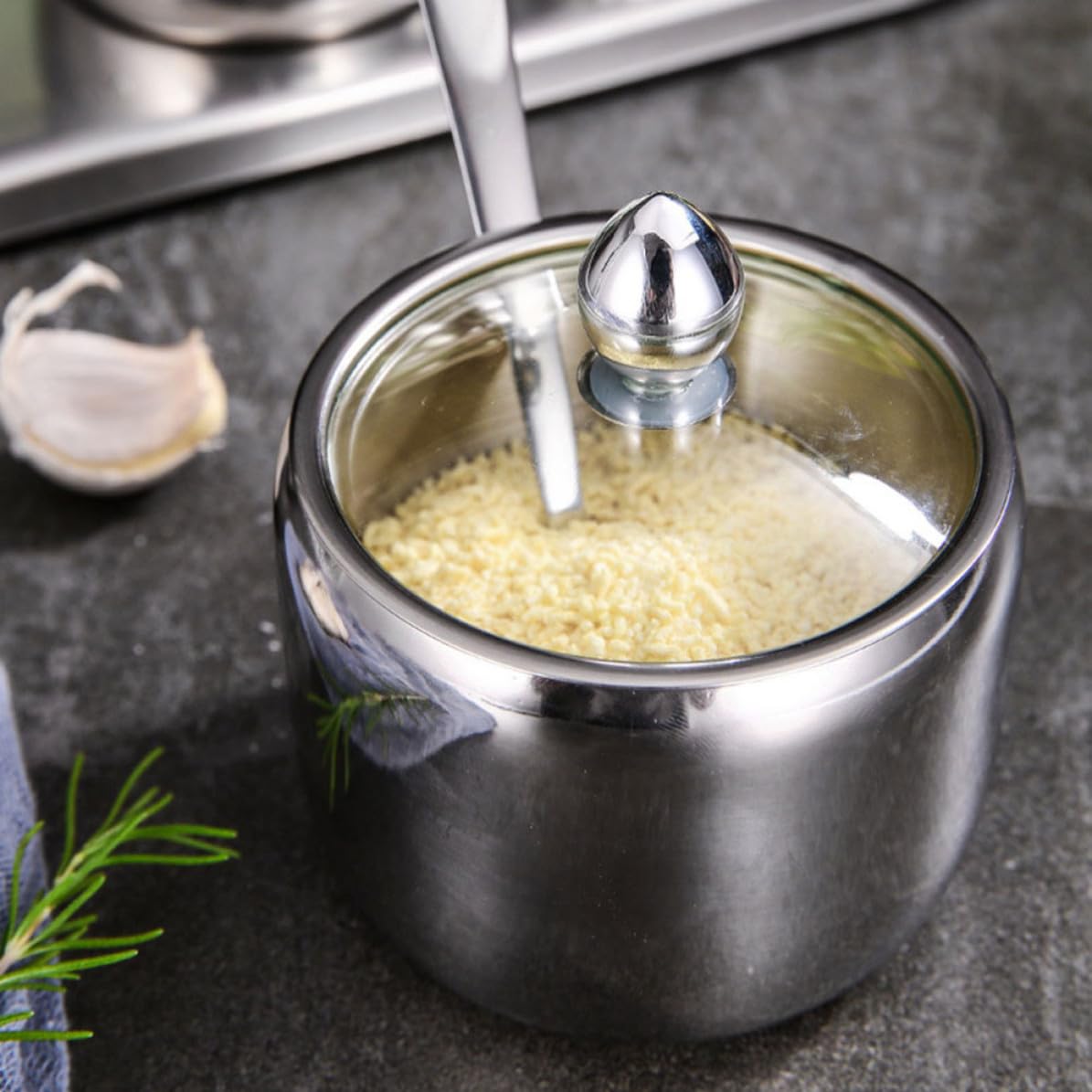 Set di 3 Barattoli per Spezie in Acciaio Inox con Base Rotante, Contenitori per Condimenti in Vetro e Acciaio, Accessori per Cucina Moderni per Buffet e Tea Party
