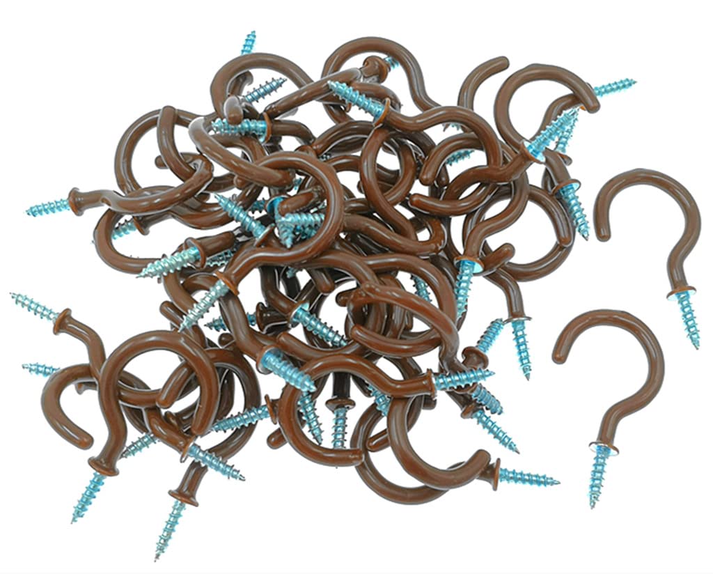 (1-1/4" (Brown,50pcs)) - Kinteshun Cup Ceiling Hooks,Medium Size Vinyl Coated Screw-in Open Hooks Hangers(50pcs,3.2cm ,Brown)