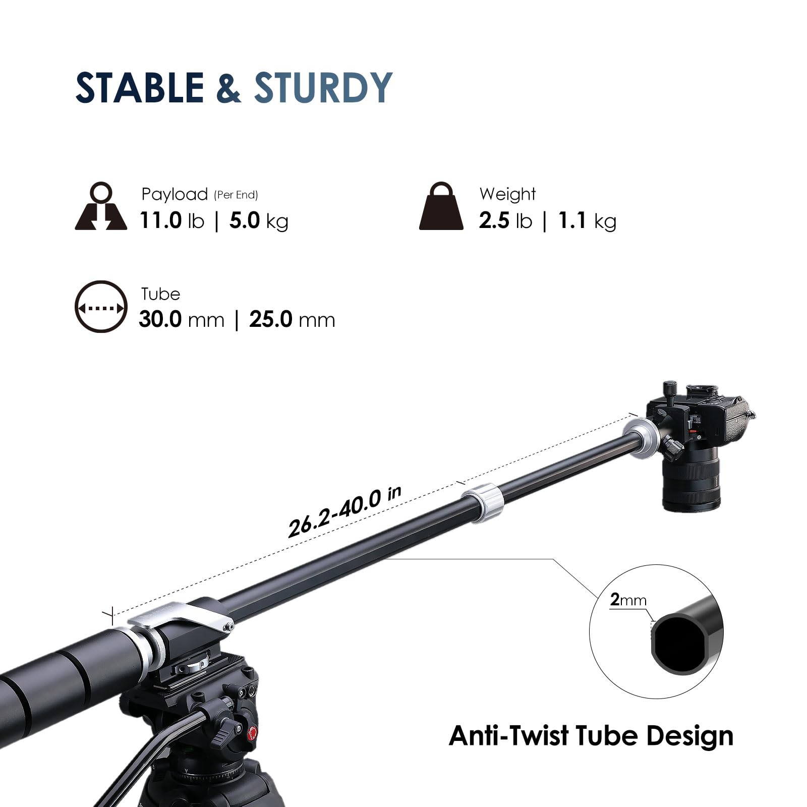 RAUBAY Braccio di estensione del treppiede, braccio orizzontale del braccio, 66-40", TE01 | Braccio treppiede in alluminio per fotografia top-down, con supporti da 0,6 cm e 1 cm per fotocamere, luci e microfoni