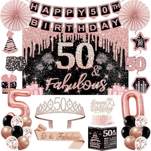 50th Birthday Decorations for Women 32pcs 50th Birthday Party Decorations Including Backdrop Crown Sash banner Hanging Swirl Cake Topper balloons Anniversary Card Paper Fans