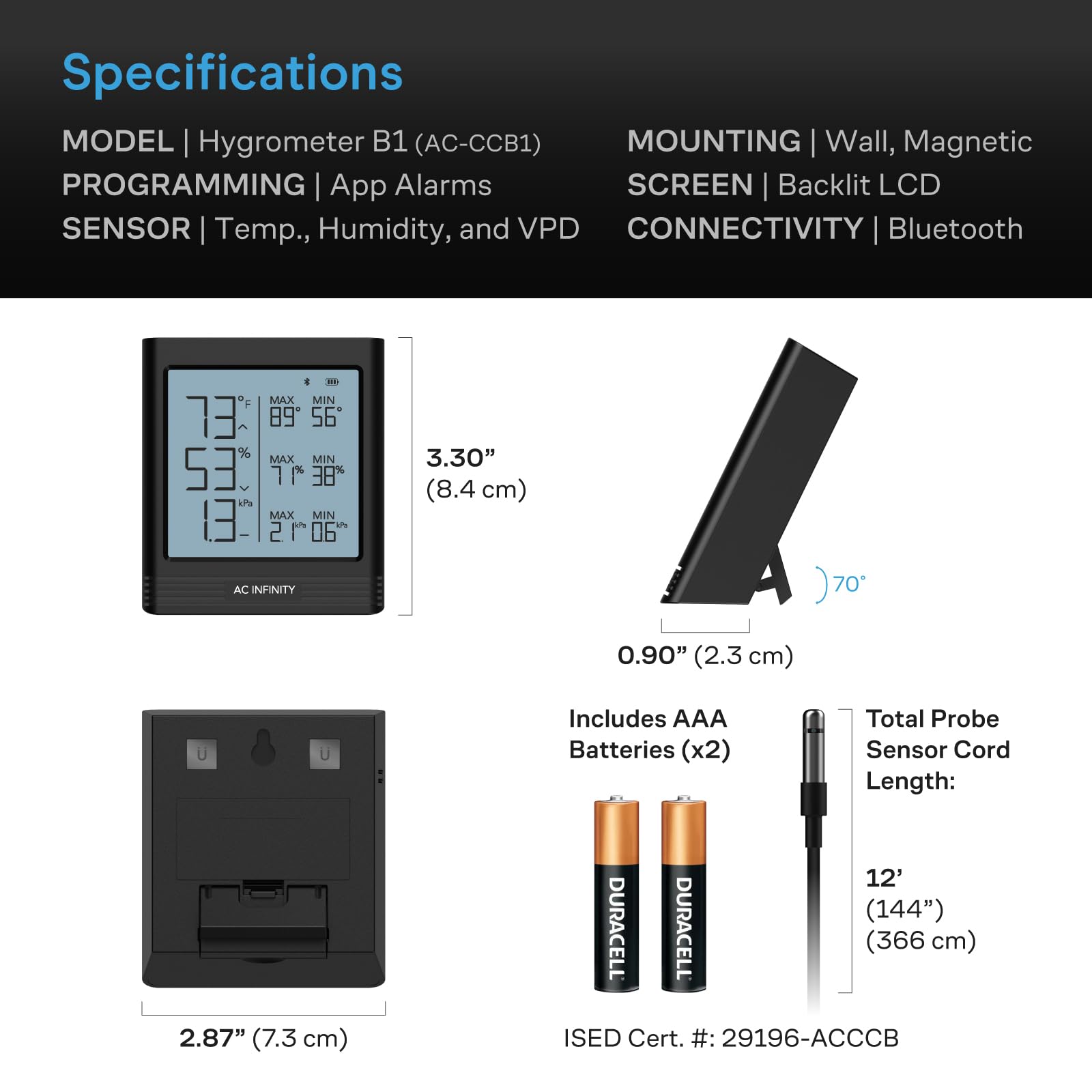 AC Infinity Cloudcom B1 inteligentny higrometr temperatury i wilgotności VPD z wyświetlaczem LCD i aplikacją Bluetooth, sonda czujnika temperatury do piwnicy, pomieszczeń gitarowych