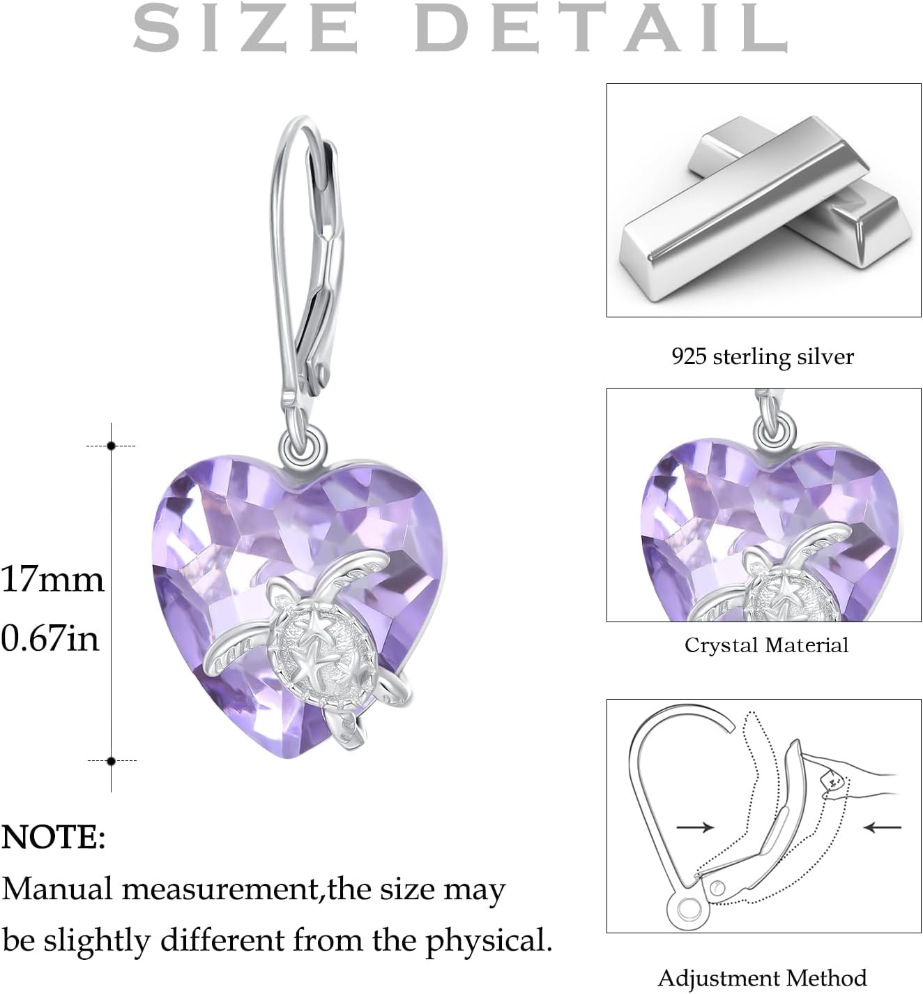 Turtle Earrings for Women Sister 925 Sterling Silver Sea Turtle Dangle Drop Leverback Earrings with Heart Shaped Purple Crystal Animal Ocean Beach Jewelry Gifts for Turtle Lover - Image 7