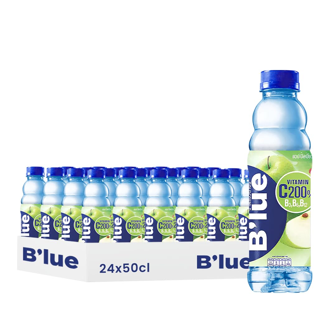 B'lue Eau Aromatisée Saveur Pomme avec Vitamine C200, B3, B6, B12, 50cl, Lot de 24