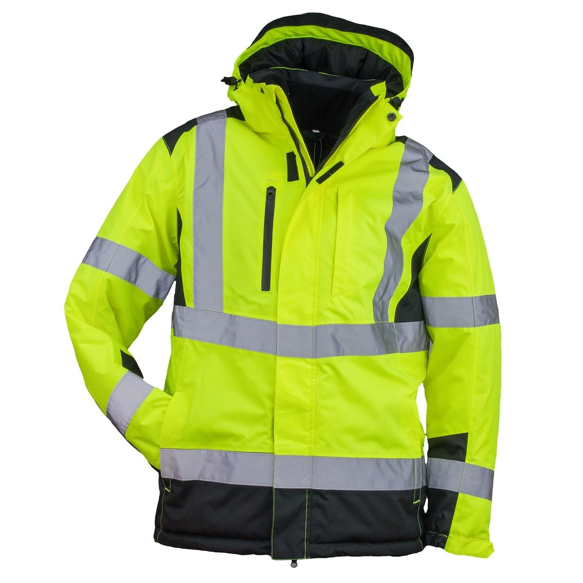 urgent Gefütterte Warnschutz Arbeitsjacke Herren – Winterjacke mit Kapuze URG-HV-LX491 reflektierend, gelb, wasserdicht, Sicherheitsjacke