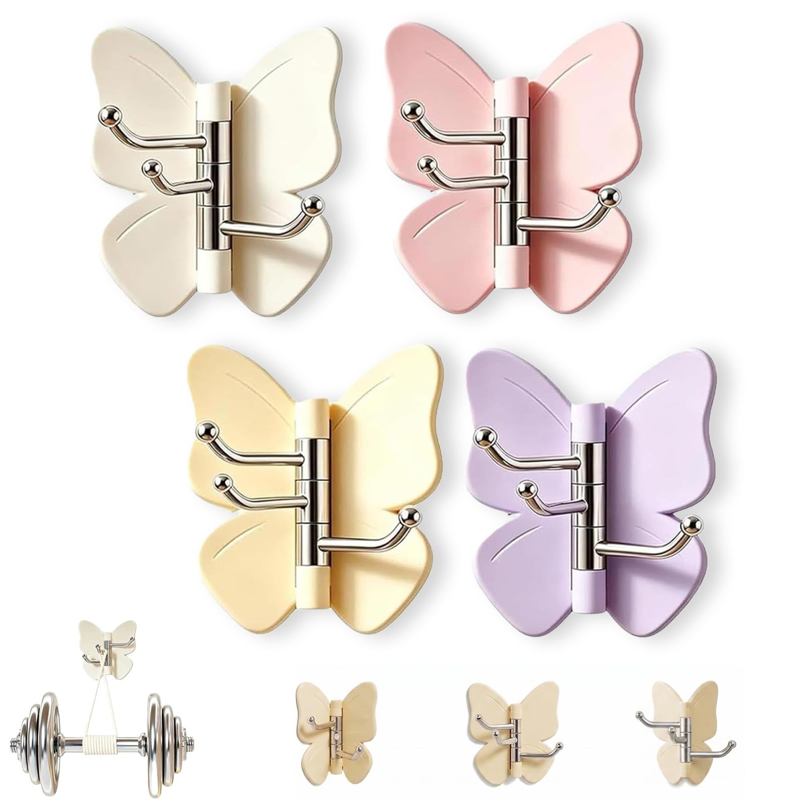 GHRKLP Rotating Butterfly Adhesive Wall Hooks, Cute No-Drill 3-Prong Swivel Hangers with Adjustable Wings,Saving Hooks for Inner & Outer Corners,for Dorm Entryway(Color E,4pcs)