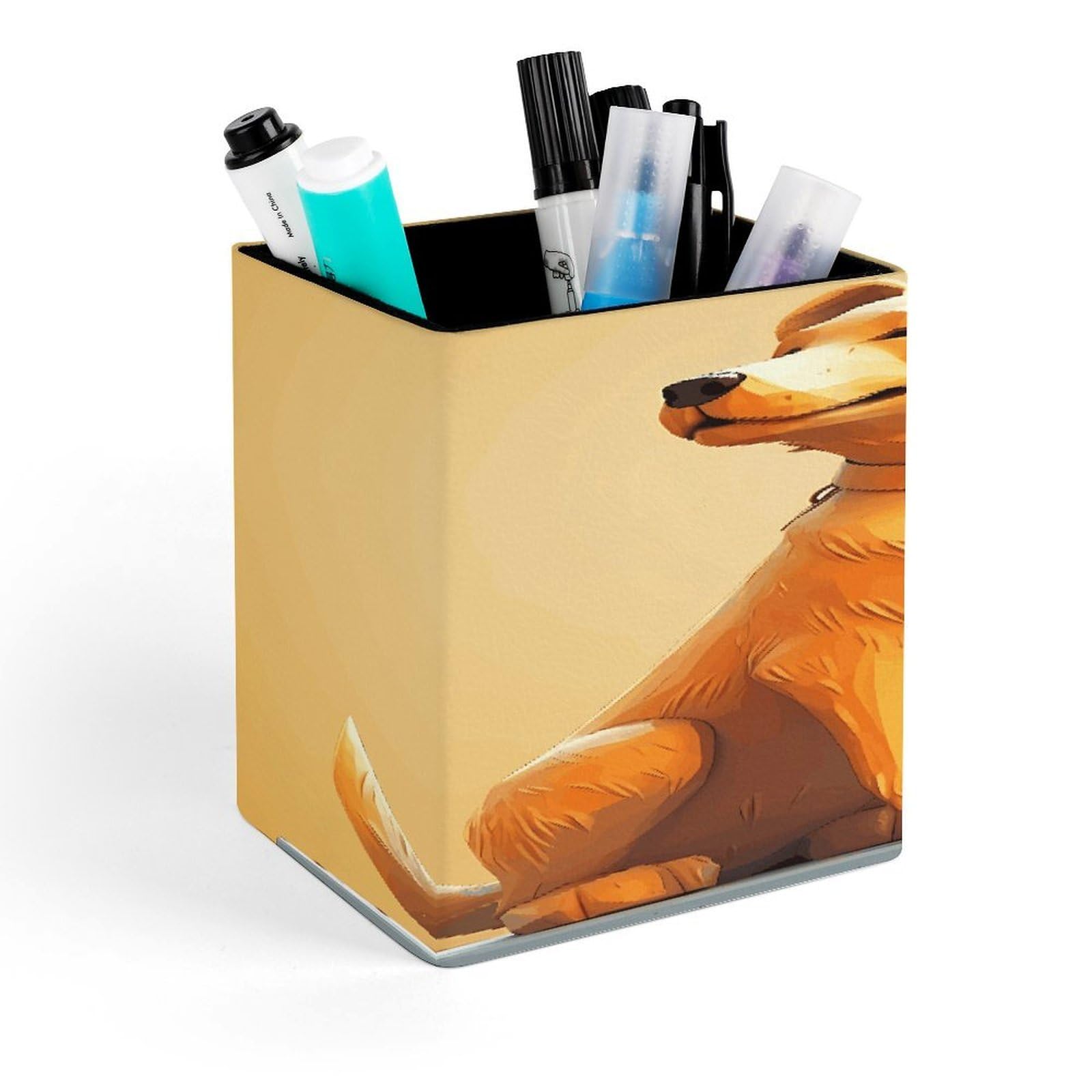 JTREHY Dog Sculpture Pen Holder Square Pen Pencil Holder Makeup Brush Holders Cup PU Leather Pencil Cups Desktop Caddy Stationery Organizer Case Office Accessories Container Box