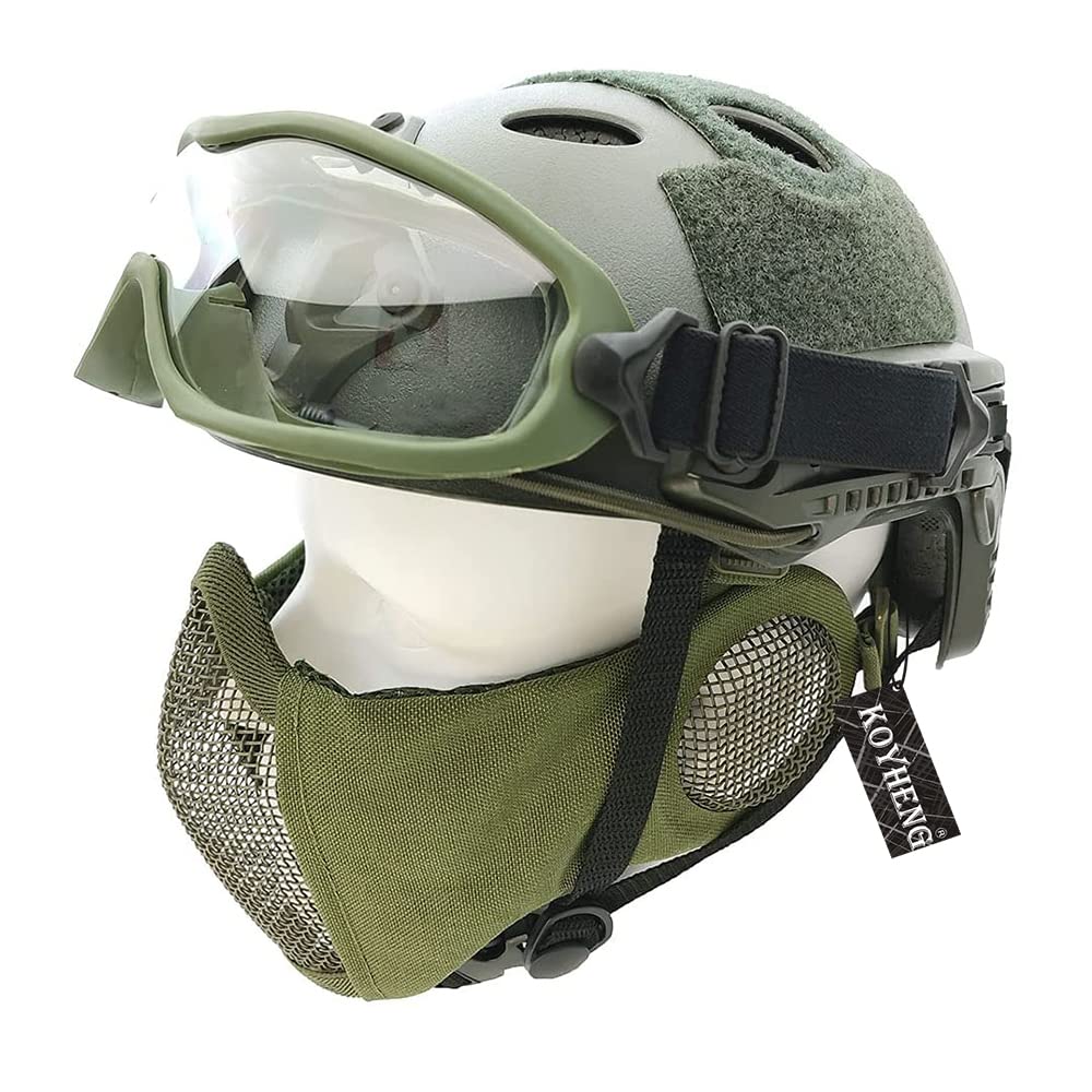 Tactical PJ Type Airsoft Fast Helmet and Foldable Half-Face Mesh Ear Protection Mask with Goggles Full Face Protection Set