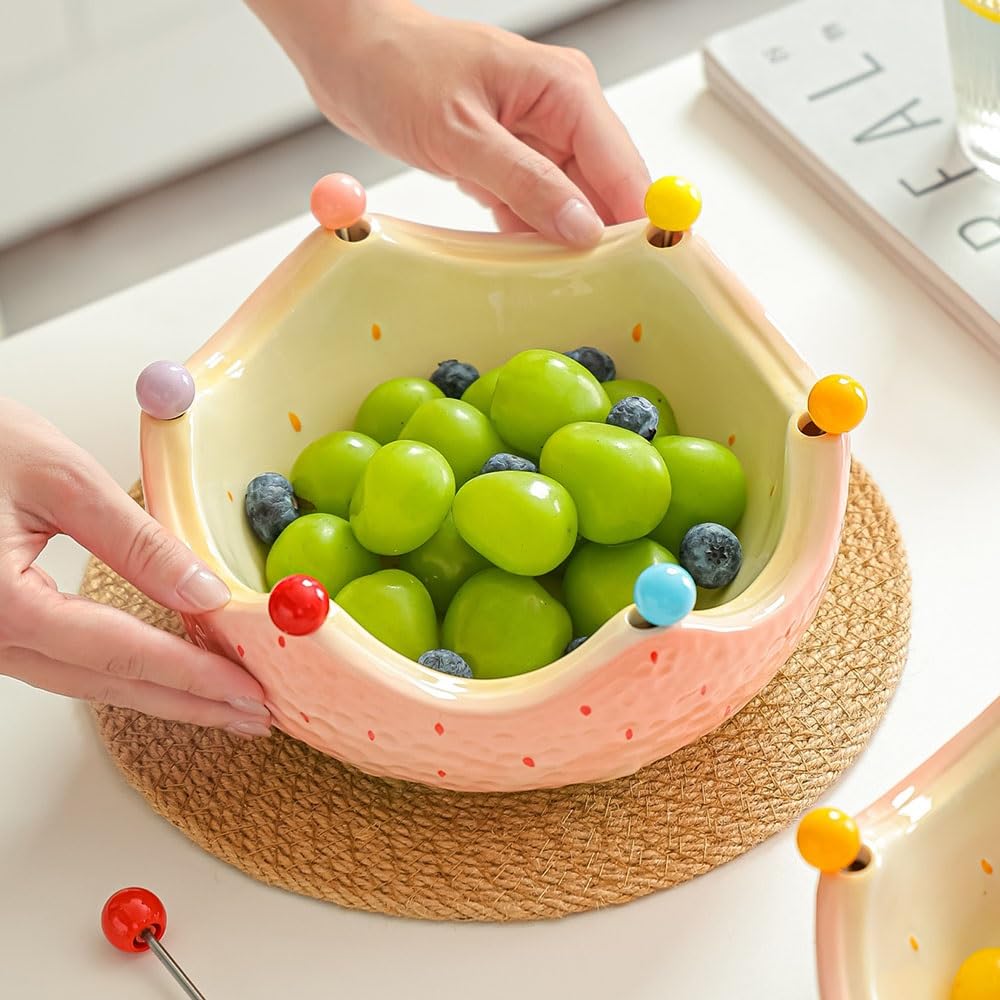 Obstschale Obstschale aus Keramik mit integrierten Gabeln, farbenfrohen, erdbeerförmigen Perlenspießen, Weintrauben und Beeren Obstschalen