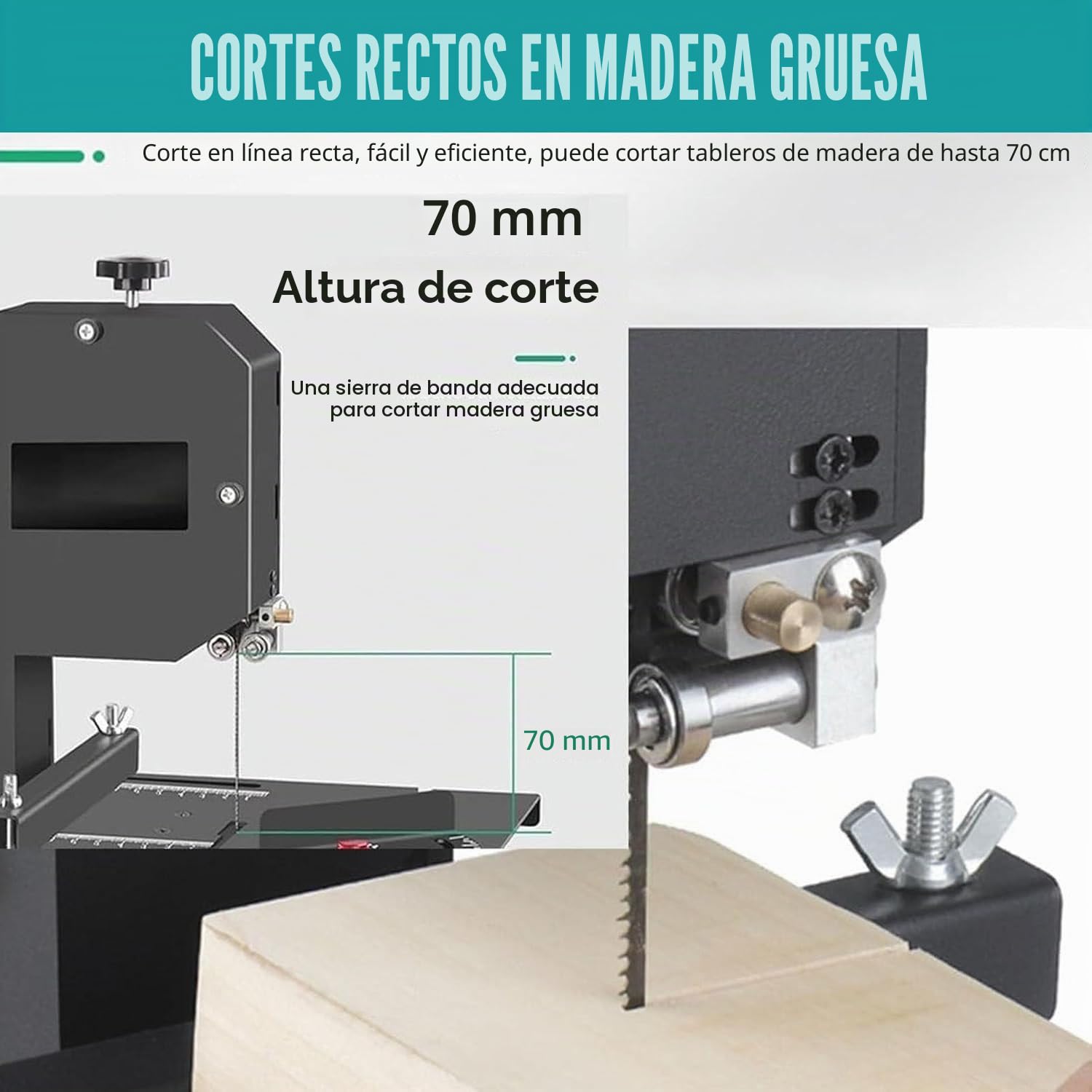 Sierra de Cinta para Carpintería 800W de Mesa - Altura de Corte 70 mm con Mesa Metálica Inclinable 0-45°,Realiza Cortes Rectos,Curvos y Multíángulo para Madera y Metal