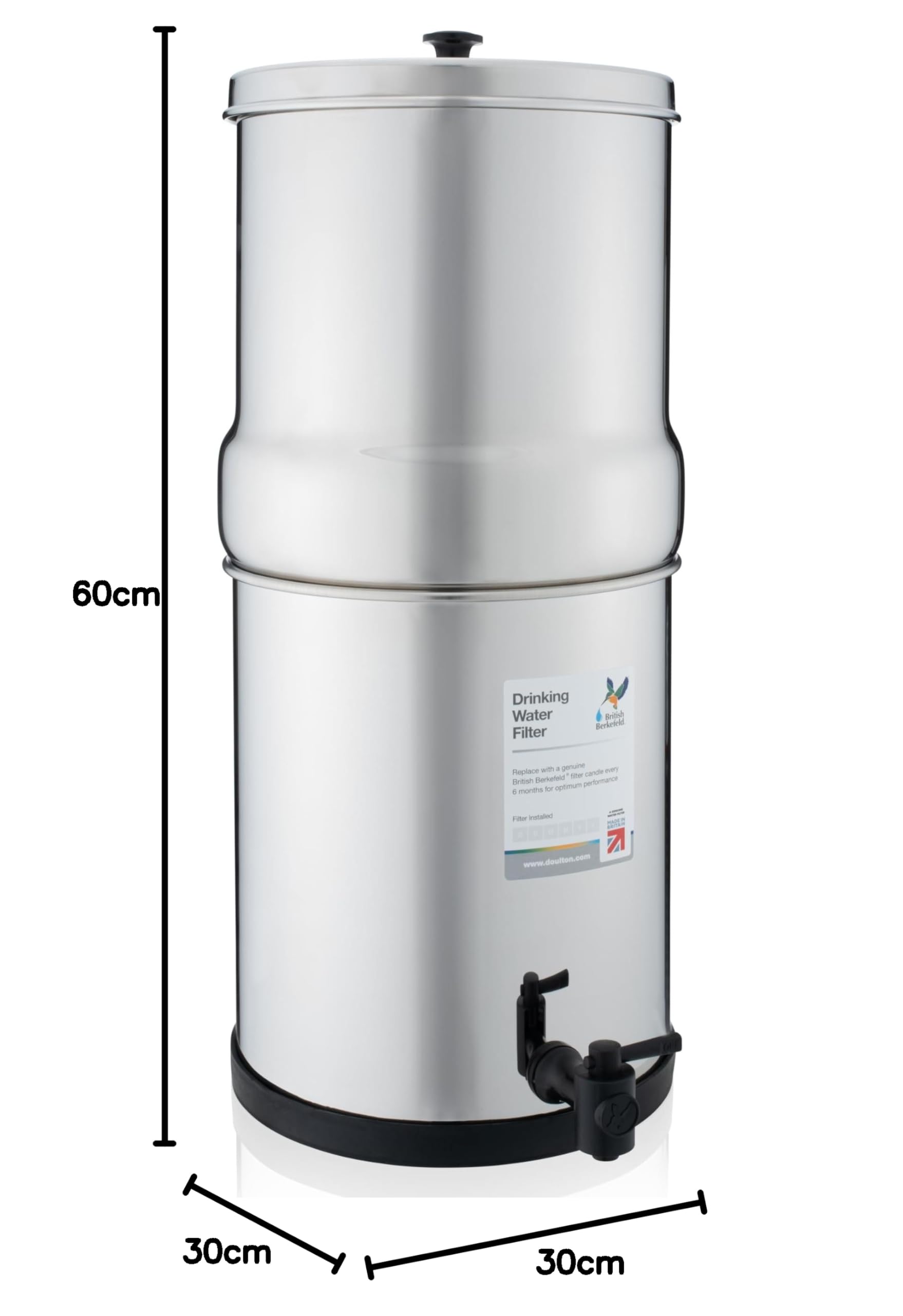 British Berkefeld Schwerkraft-Wasserfiltersystem aus Edelstahl, 8,5 l, schmeckendes, sauberes Wasser, kein Strom oder Klempnerarbeiten erforderlich, für den Gebrauch zu Hause oder im Freien, mit 2