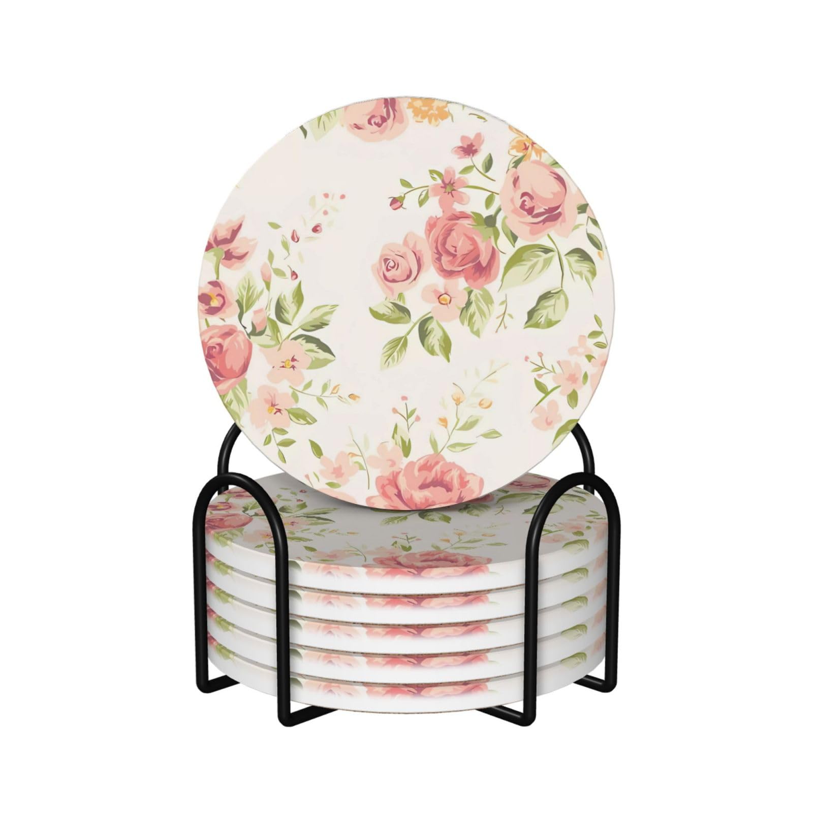 Dessous de verre céramique fleurs roses avec support, idée cadeau idéale pour crémaillère