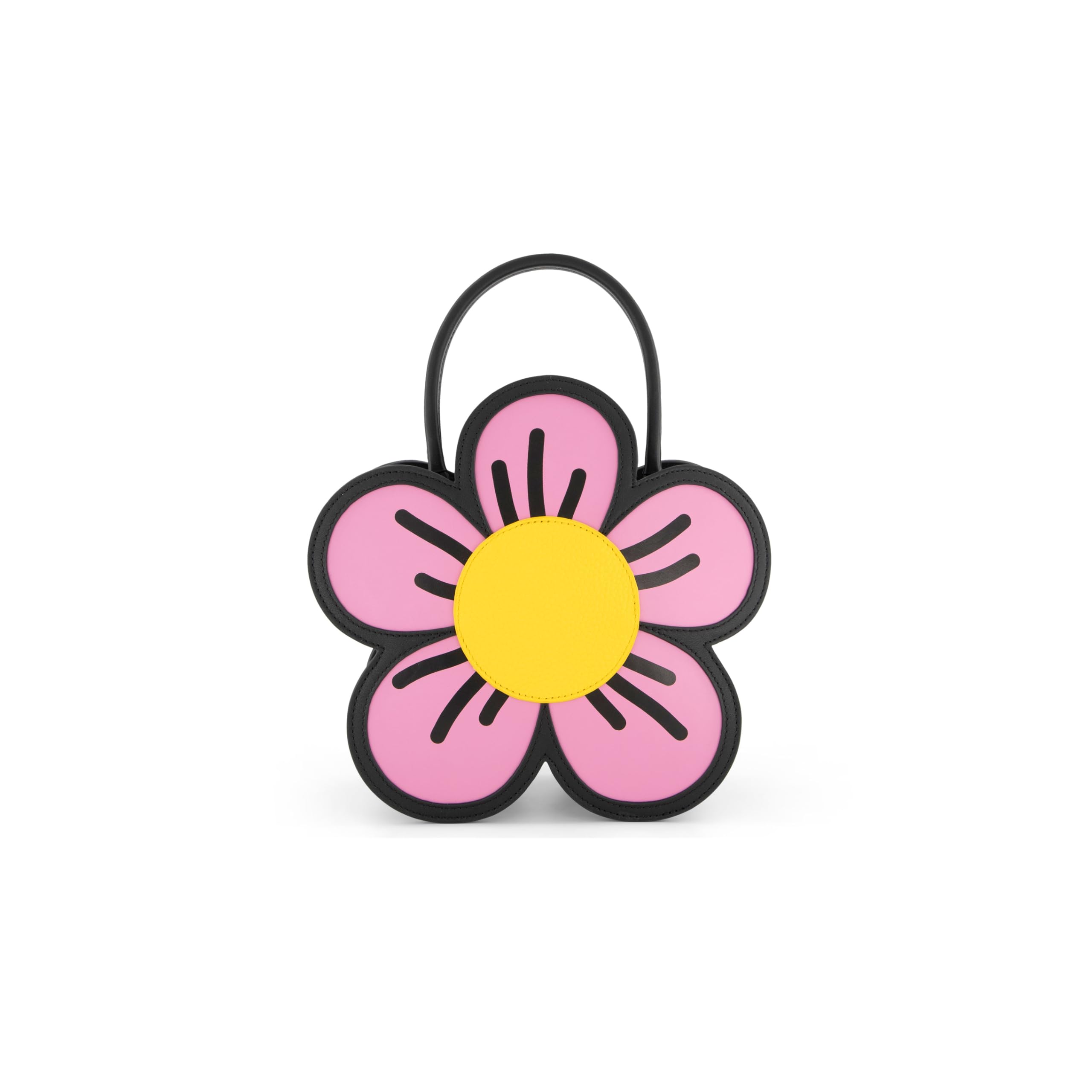 Braccialini Temini Bolso de mano de piel con silueta de margarita, diseñado para aportar un toque de ironía y color a cada look. Los pétalos rosas con detalles negros y pequeños cristales brillantes