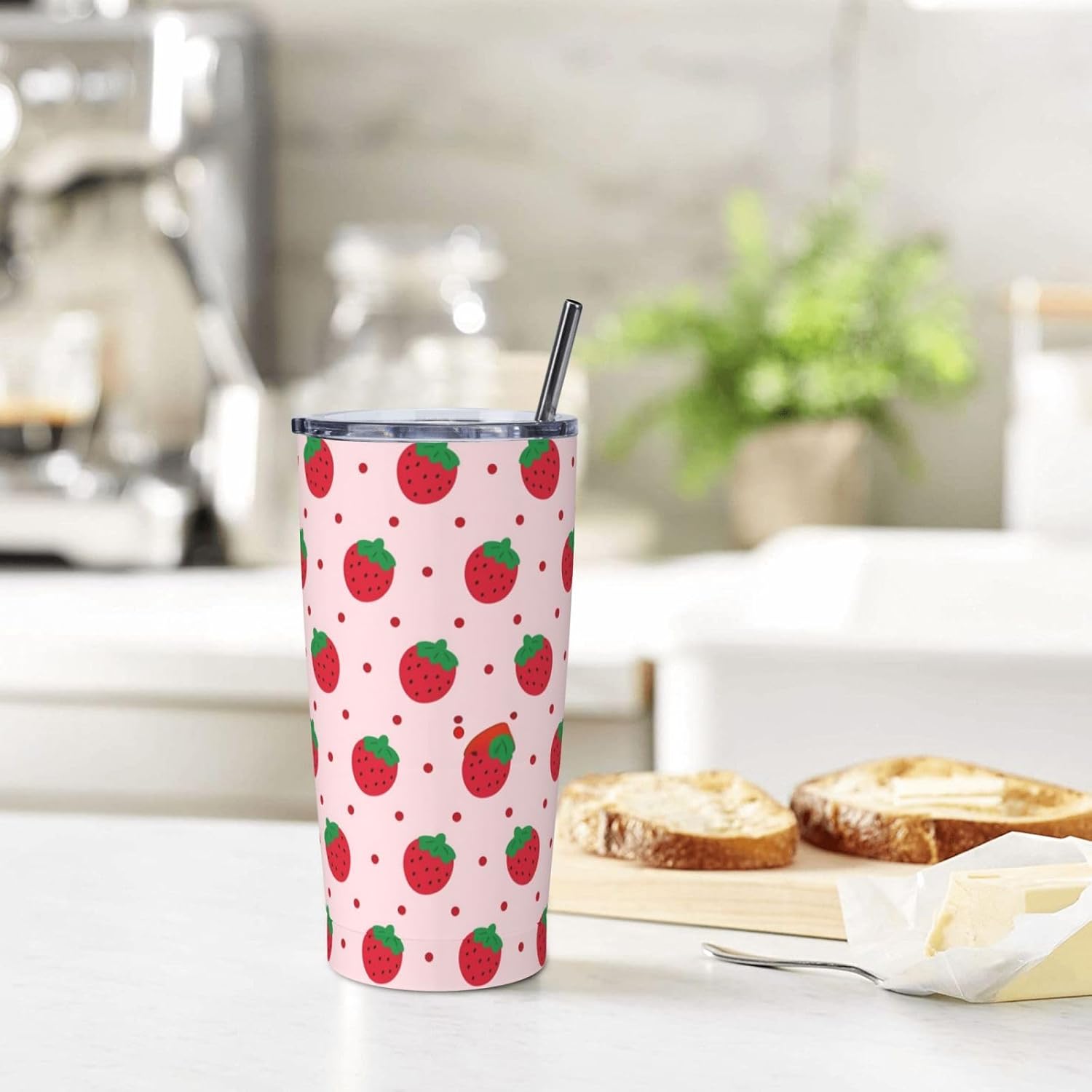 Dujiea 20oz Tumbler With Lid And Straw, Red Strawberry Vacuum Insulated Iced Coffee Mug， Reusable Travel Cup Stainless Steel Water Bottle