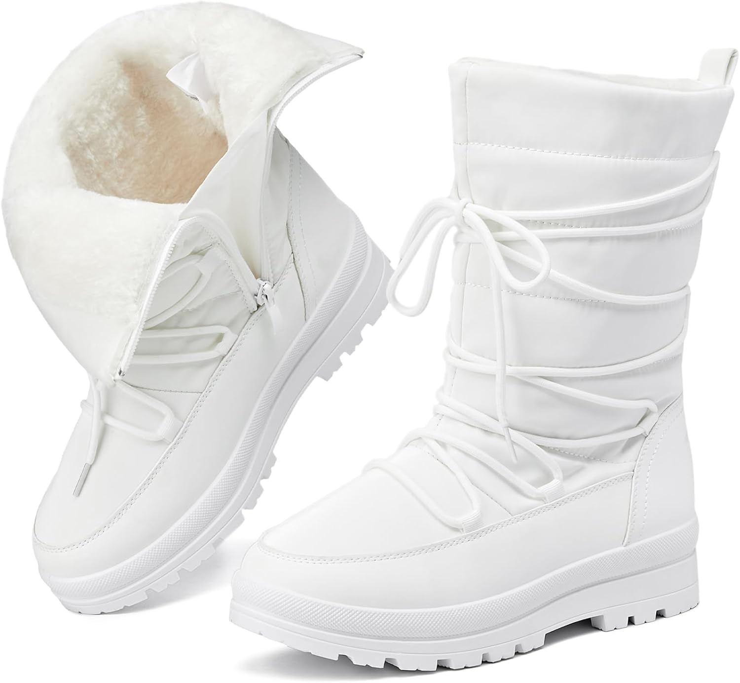 Snow Boots for Women Fur Winter Boots Waterproof Ski Boots Women's Mid Calf Boots Furry White Lace up Boots with Zipper
