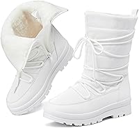 Waluzs Women's Fur Lined Snow Boots - Waterproof Mid-Calf Winter Ski Boots with Zipper, Lace-Up & Anti-Slip Sole (Black/White/Brown/Pink)