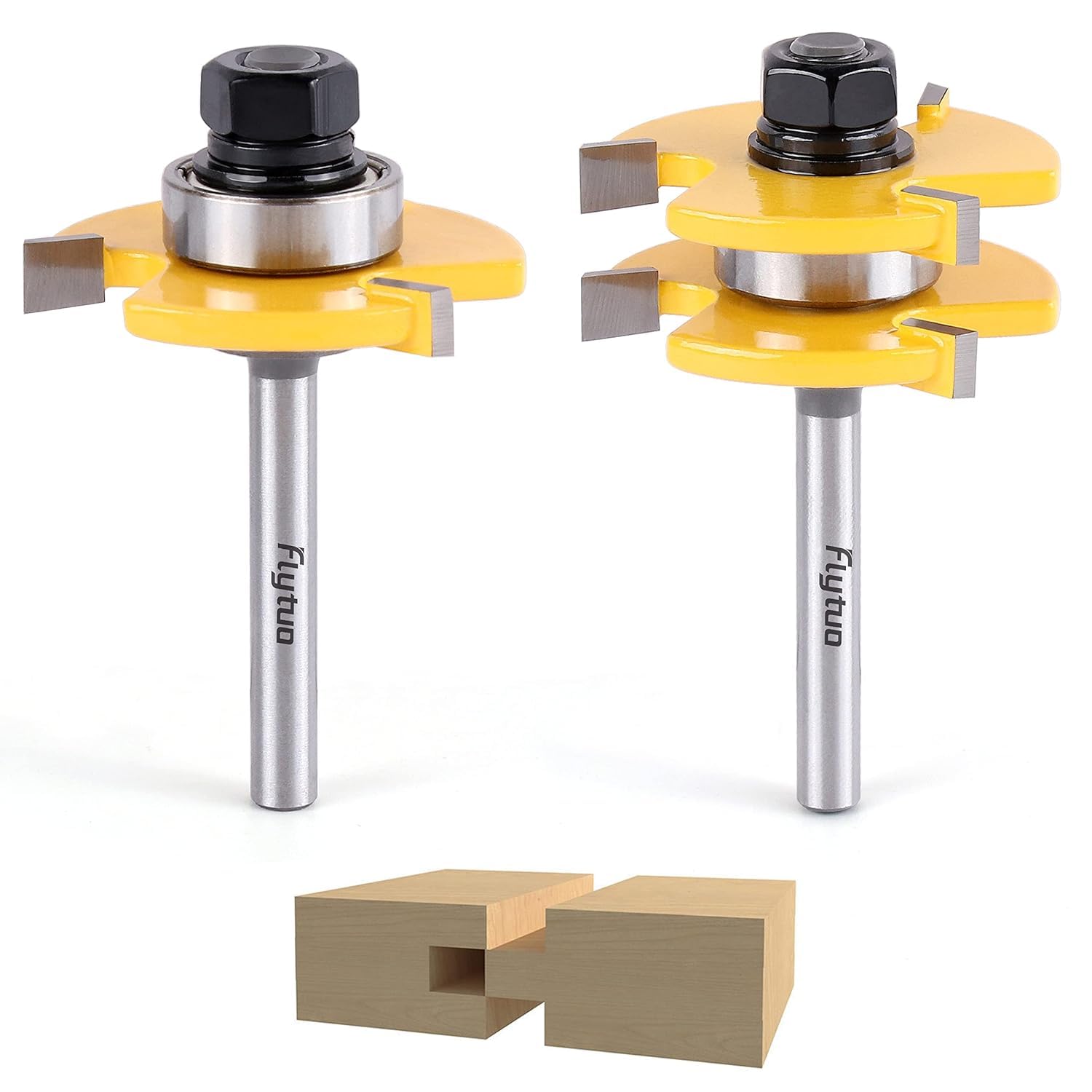 Flytuo 2PCS Tongue and Groove Set 1/4 Inch Shank Router Bit Set, 3 Teeth Adjustable T Shape Wood Milling Cutter