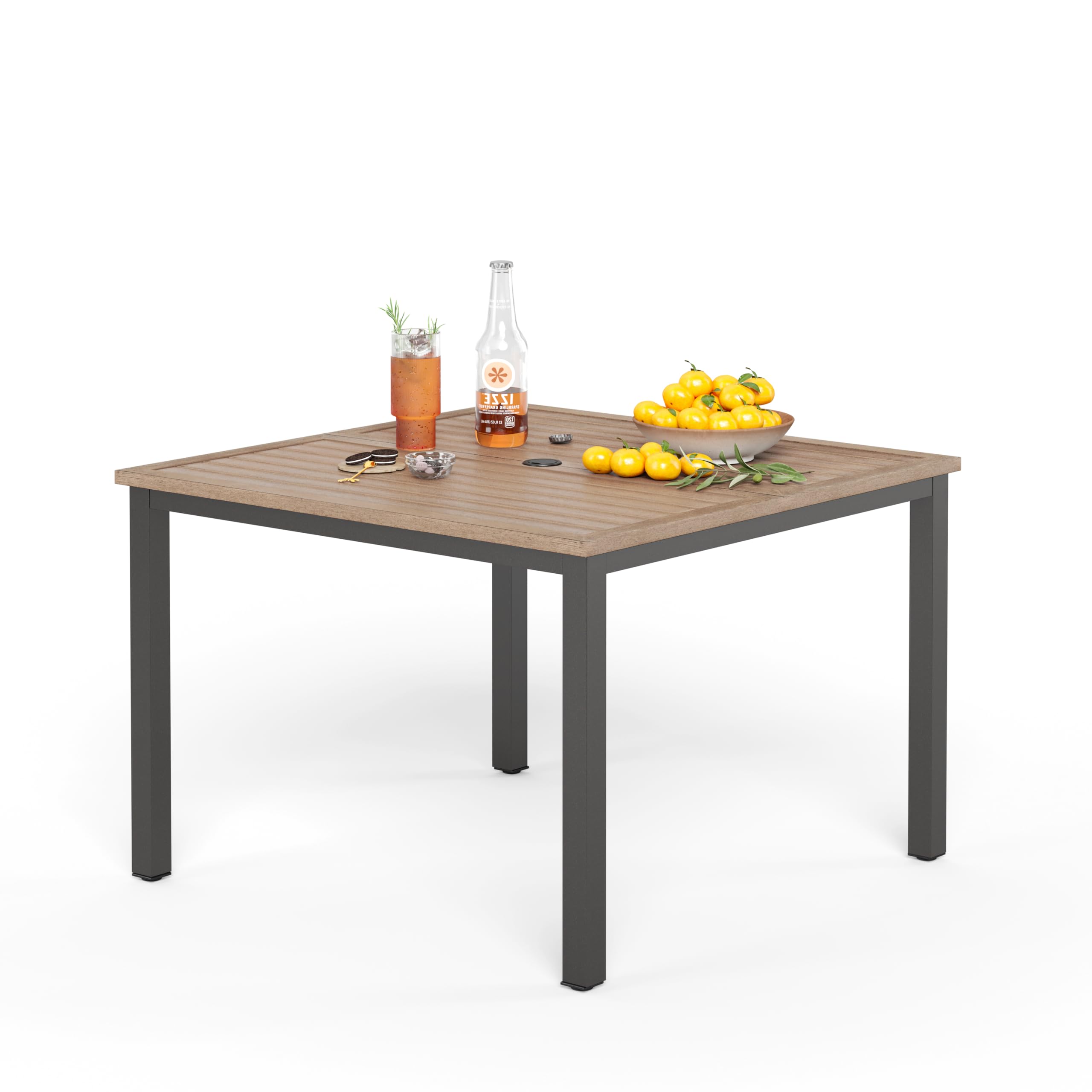 PHI VILLA Garden Patio Table, Square Metal Steel Slat Table with Adjustable Parasol Hole, Weather-Resistant Outdoor Dining Table for Backyard Deck Brown