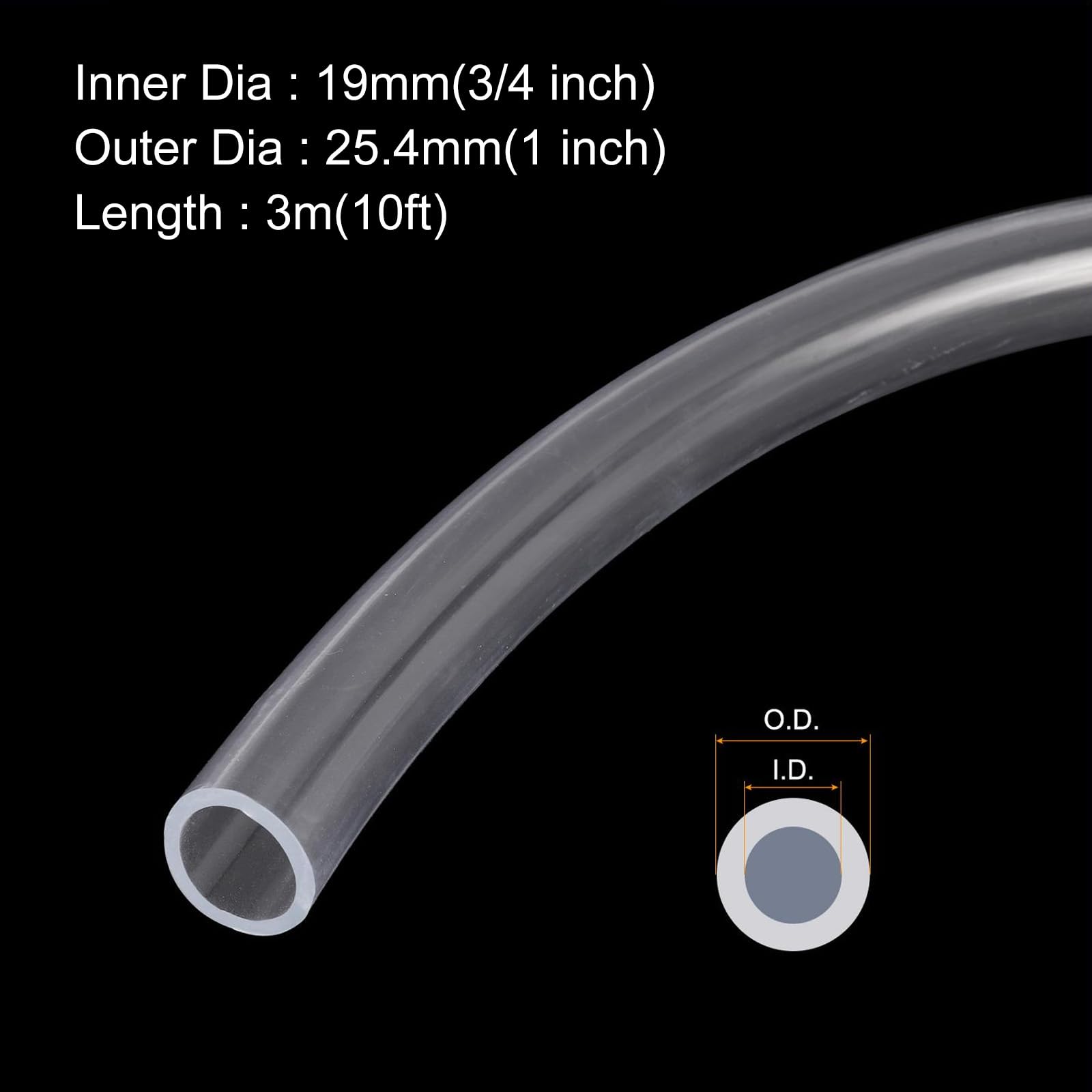 QUARKZMAN Tubo In PVC Trasparente 19mm x 25.4mm 10ft Tubo Plastico PVC Flessibile Tubo Acqua Per Uso Industriale, Acquario, Pompa, 3/4" ID 1" OD, Con 2 Pezzi Fascette