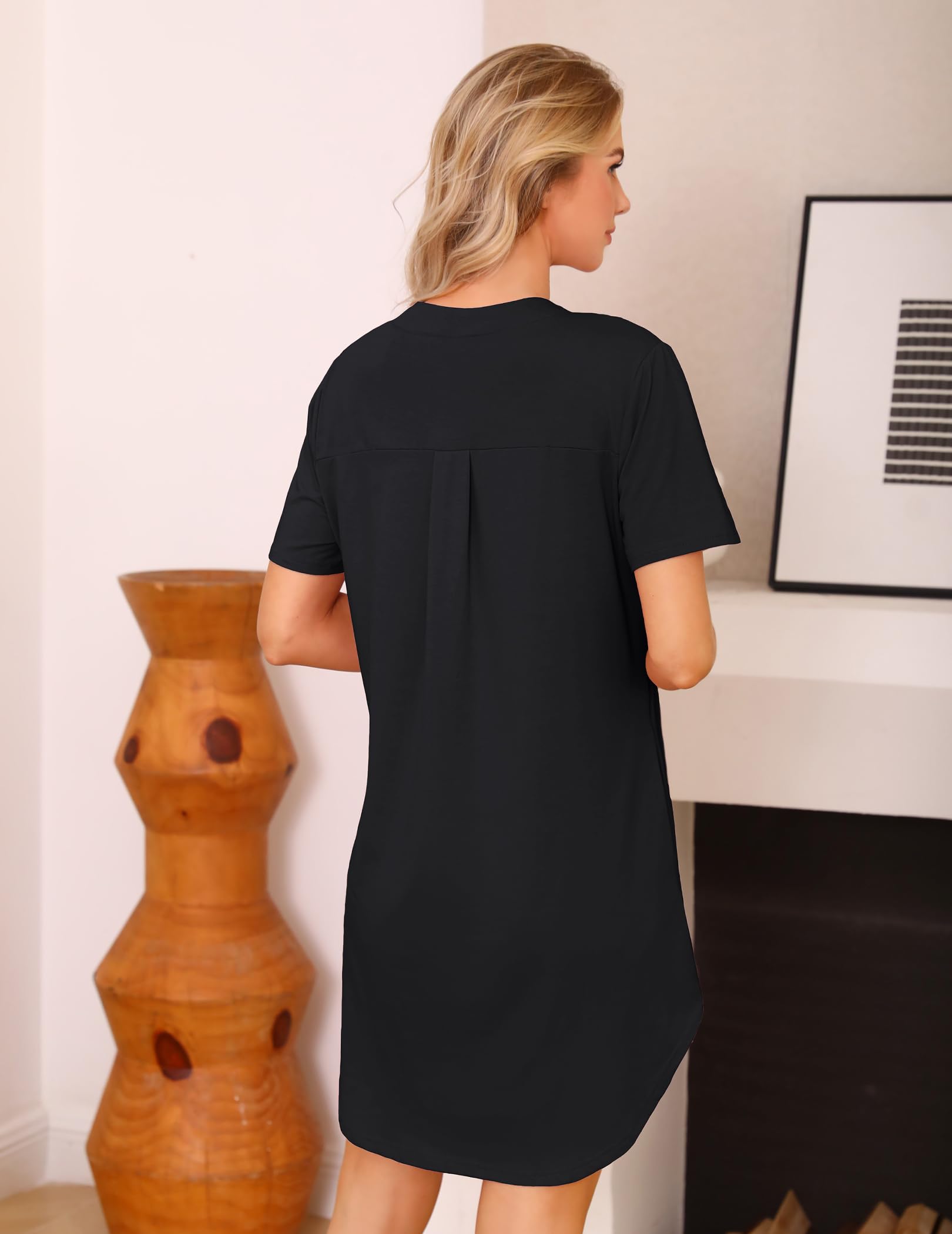 Lovasy Nachthemden für Damen Kurzarm Baumwolle Sommer Schlafshirt Still Nachthemd mit Knöpfen Damen Geburtshemd mit Taschen