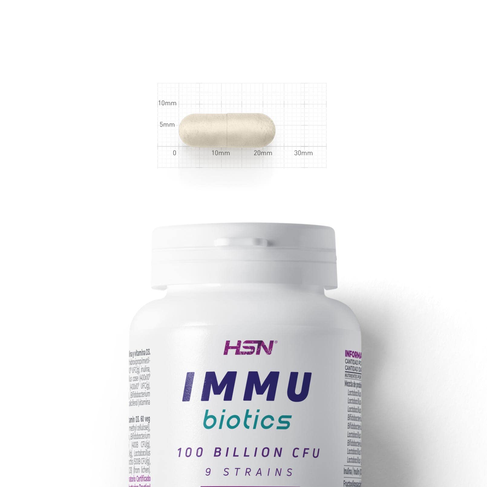 Probiótico Sistema Inmune 100 Billion UFC - 9 Cepas Lactobacillus y Bifidobacterium - de HSN INMU BIOTICS | 60 Cápsulas DR Caps® de liberación retardada y recubrimiento entérico