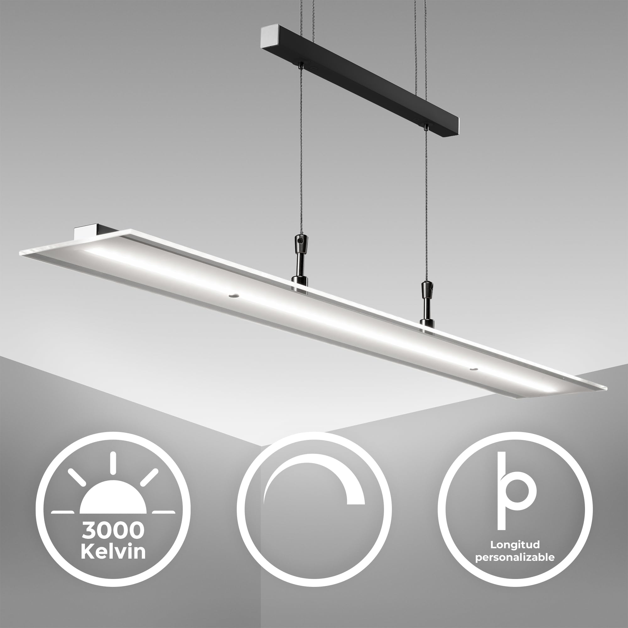 B.K.Licht Lámpara LED de techo colgante de metal y cristal auténtico, altura y luminosidad regulables, 20 W, 1600 lm, 3000 K, índice de protección IP20, color negro