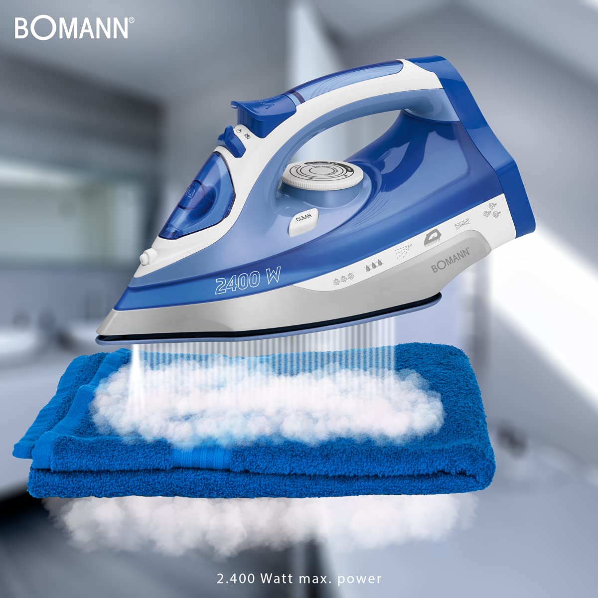 Bomann DB 6006 CB - Ferro a vapore senza fili, suola in ceramica antigraffio, 7 funzioni, regolazione continua della temperatura, colore: bianco/blu