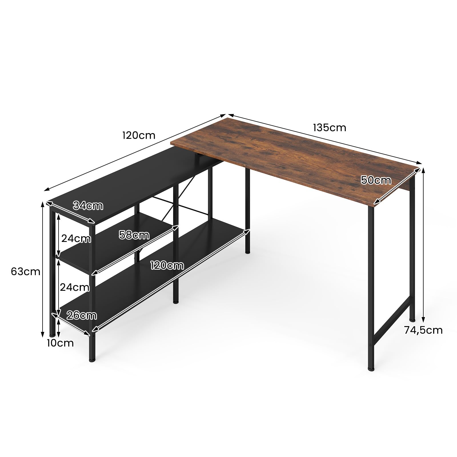 GYMAX Escritorio en Forma de L, Escritorio de Esquina con Amplia Superficie de Trabajo, Dos Estantes y Estructura Metálica, Altura Ajustable, Instalación Reversible, Mesa para Ordenador