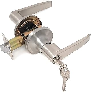 RS Entry Door Lever with Lock, Stain Nickel, One Key-Way Entrance Door Knob Entry with Key Handle, Door Handle for Exterior and Interior Use (Entry with Key, Straight Lever)