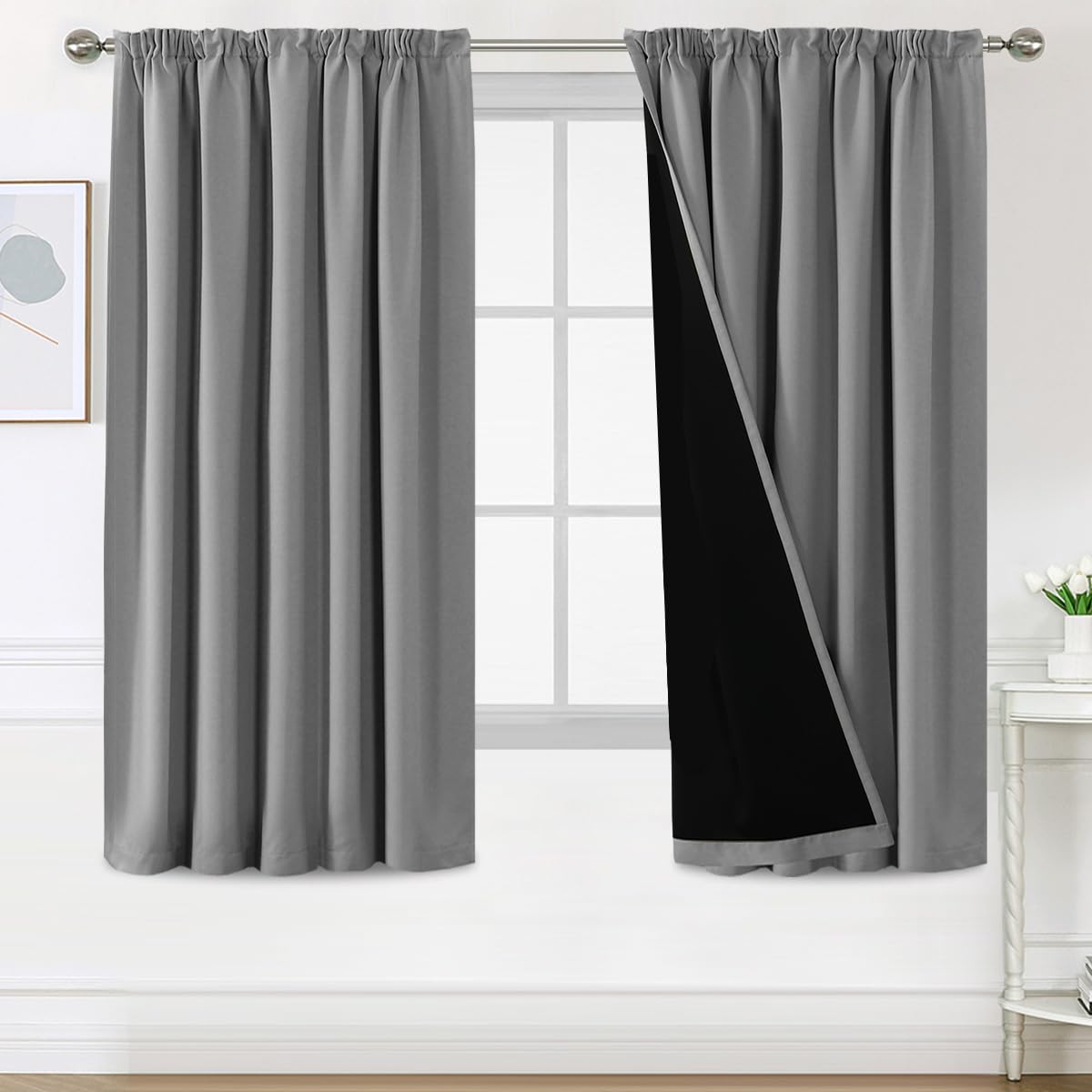 BellaHills Rideau Anti-Bruit Occultant 100% Opacité, Rideaux Occultant Thermique Isolant pour Salon Moderne et Cuisine, Gris Clair - Facile à Installe,140x175 cm,2 Panneaux