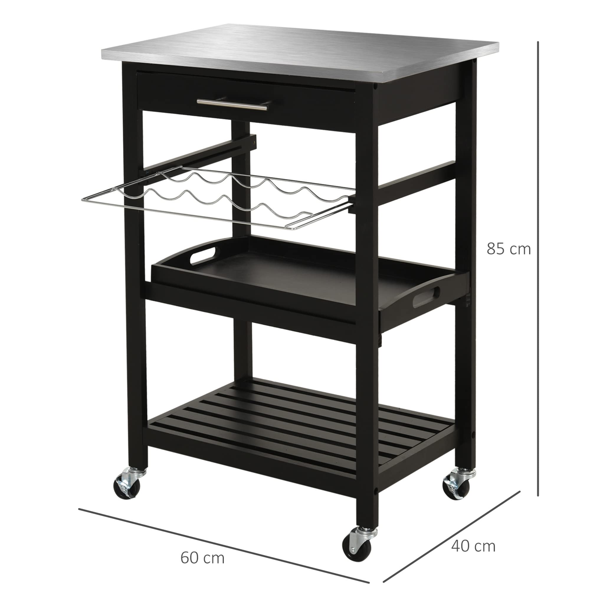 HOMCOM Carrello di servizio tavolo da 60 x 40 x 85 cm, colore: Nero | Tavolo Rotelle, Ripiano, Conservazione Bottiglia, Vassoio Acciaio Inox