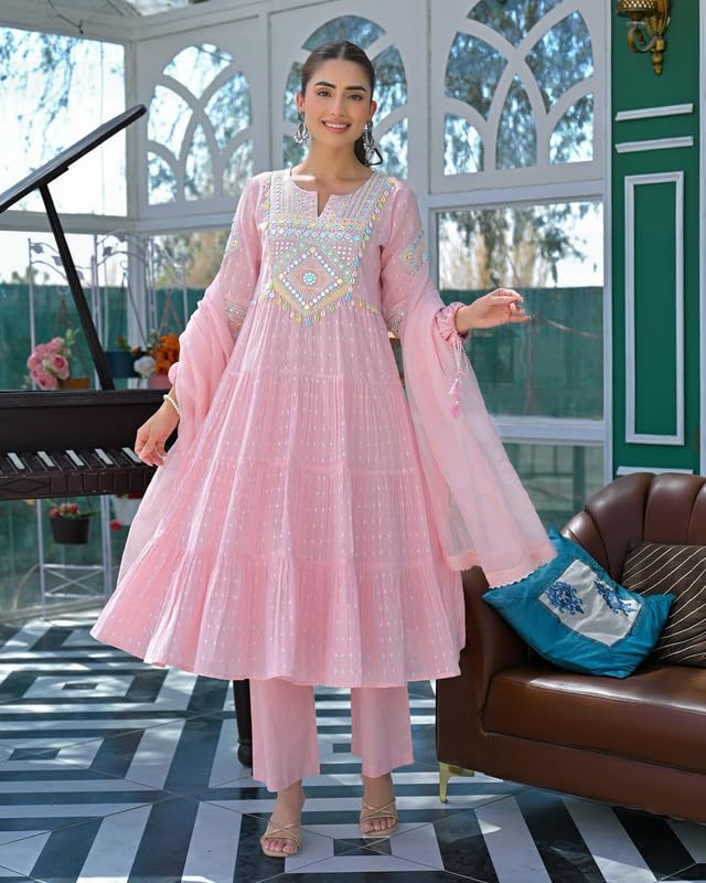 Image of Women Ethnic Motifs Embroidered Empire Kurta Set with Trors & Dupatta Thread Work Fit Ethnic for Women | Pink