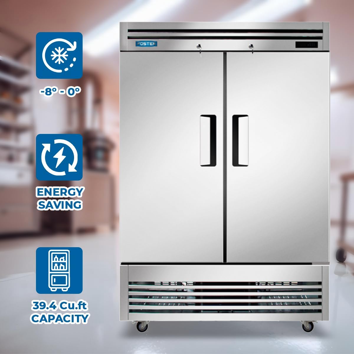 Foster Commercial Freezer highlighting key features: -8 to 0 degrees Fahrenheit temperature range, energy saving, and 39.4 cubic feet capacity.
