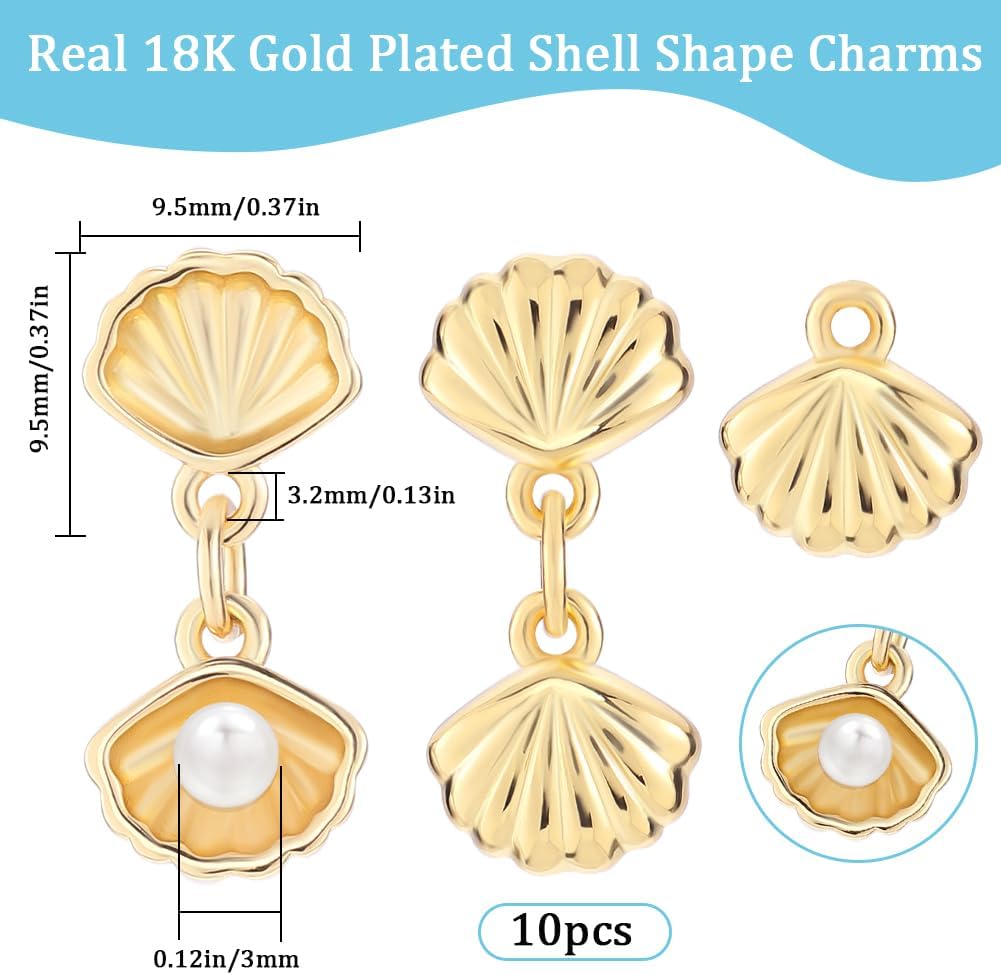 Beebeecraft 1 Box 10Pcs Real 18K Gold Plated Seashell Charms Open Shell Pendant Charm with Round Plastic Imitation Pearls Ocean Animal Pendants Findings for Jewelry Making Necklaces Supplies DIY Craft