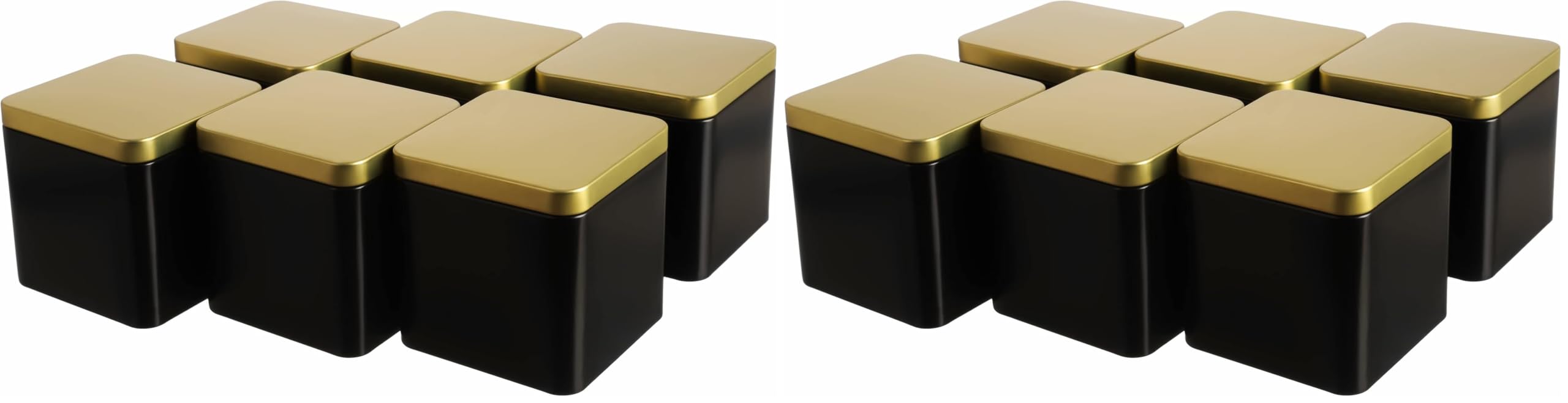6 x edle eckige Teedose/Vorratsdose, Schwarz Gold, aromadicht aus Metall für je 150g Tee | 9 x 9 x 9 cm (H,B,T) | auch ideal als Gewürzdose (Packung mit 2)