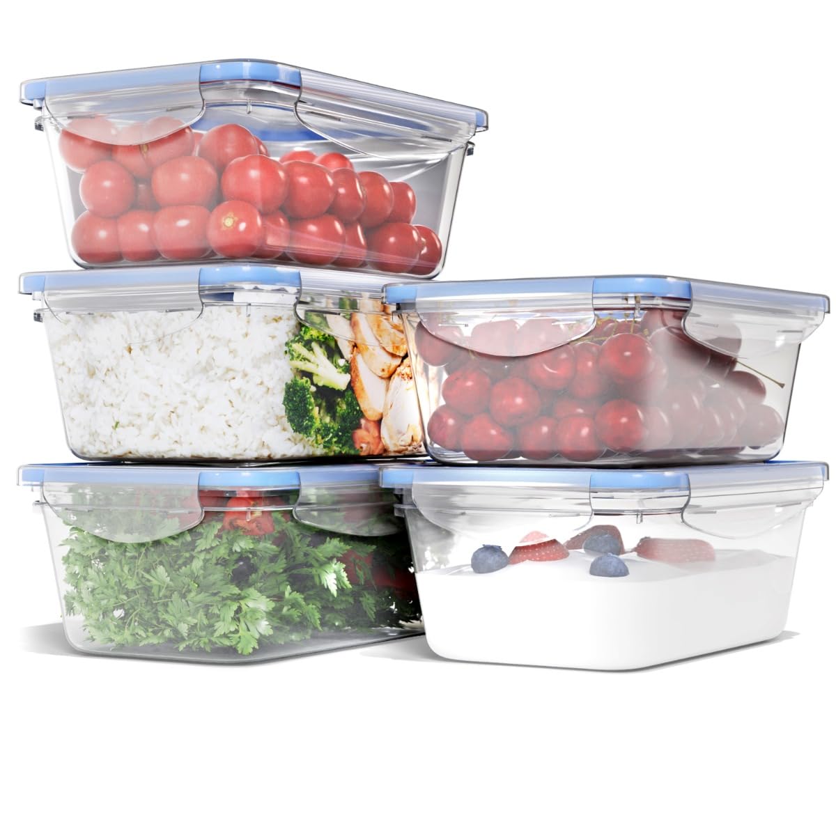 Set of 5 Plastic Food Storage Containers with Lids, 100% Leak-Proof Lunch Boxes, Meal Prep Boxes with Lids, Storage Containers Suitable for Dishwasher, Microwave and Freezer C-FHD 4007 K