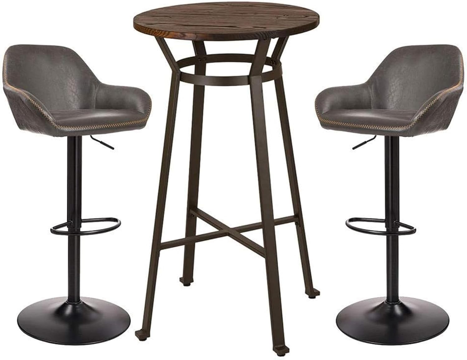 Glitzhome 3-Piece Pub Table and Chairs, Round Bar Height Adjustable Swivel PU Leather Bar Stools Set of 2, Rustic Dining Room Tables for Kitchen Island Bistro Office Living Room Small Space Restaurant