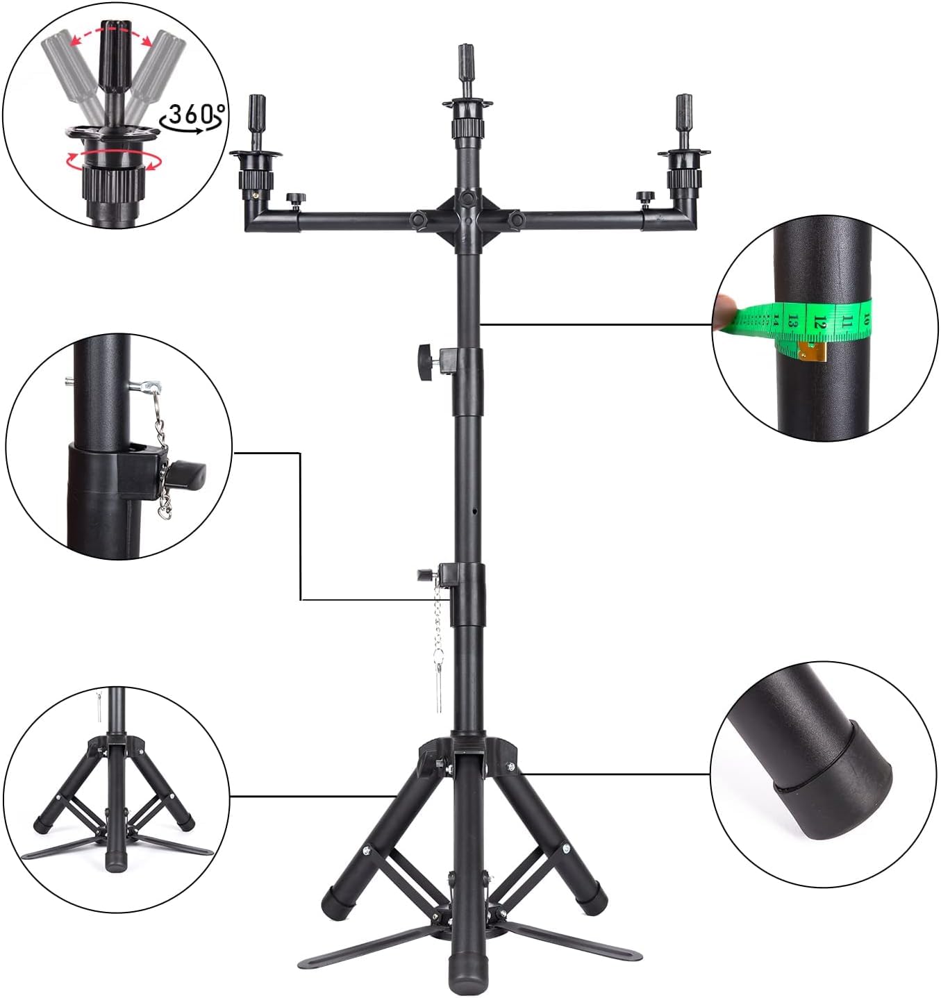 AliLeader 50 Inch 3 Arms Wig Stand Tripod With Head Adjustable Mannequin Head Stand Stainless Steel Wig Tripod Stand Wig Head Stand for Hairdressing Training (Mannequin Head Not Included)