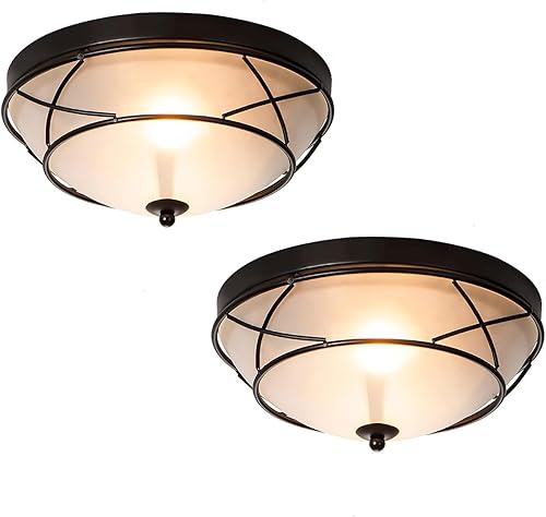 Miniatura 9 de Lámpara de techo clásica negra de 12 pulgadas, montaje empotrado, 2 accesorios de iluminación de bronce claro, lámpara de techo de granja de vidrio