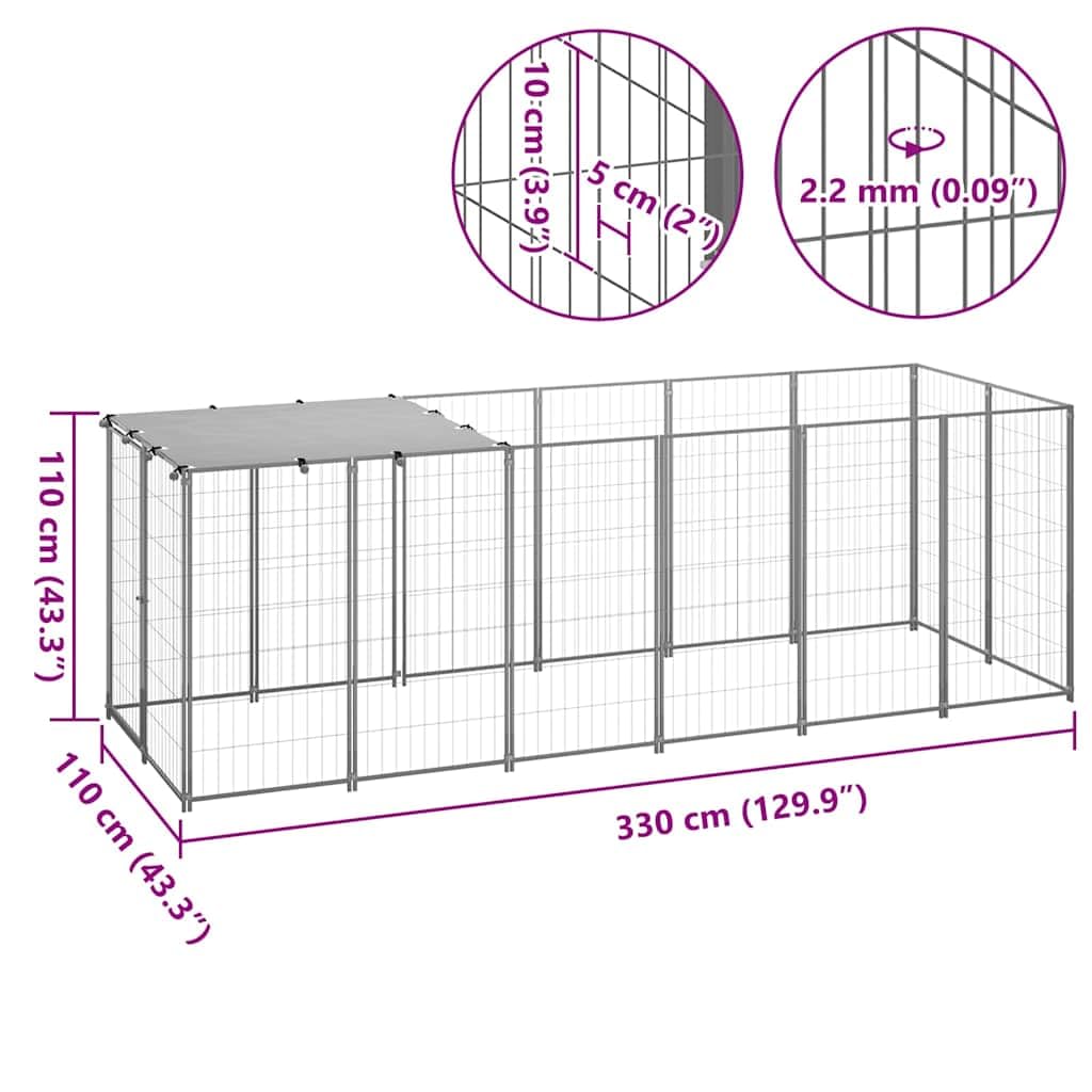 Srebrna hodowla dla psów ze stali z wodoodpornym dachem z polietylenu, 330 x 110 x 110 cm, składana i przenośna, do wybiegu dla szczeniaków, wybiegu, ogrodu, tarasu, bezpieczeństwa i ochrony