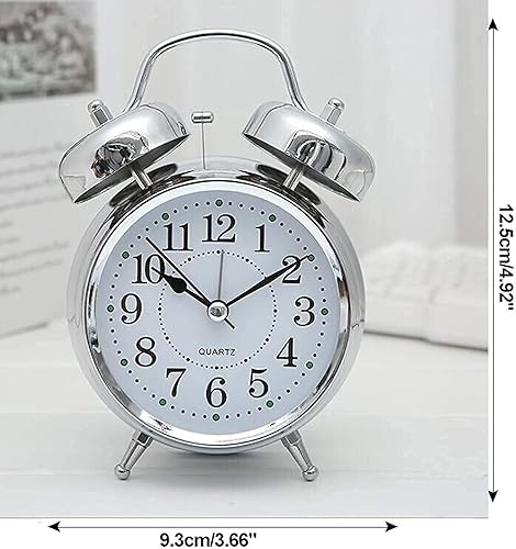 Miniatura 3 de SHENKY Reloj despertador de campana doble de 4 pulgadas sin tictac, esfera 3D con marco de metal con función de retroiluminación, reloj de mesa de